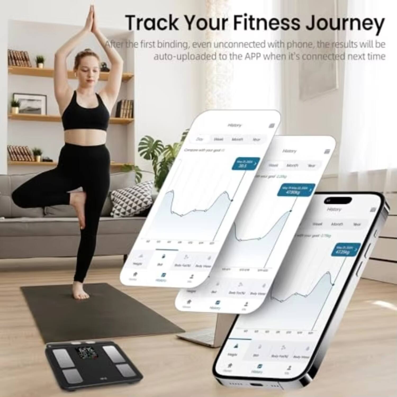 Track Your Fitness Journey  
After the first binding, even unconnected with phone, the results will be auto-uploaded to the APP when it's connected next time