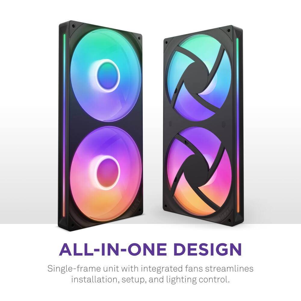 The image features two speakers with a colorful design, which are part of an all-in-one design that includes a single-frame unit with integrated fans for streamlined installation, setup, and lighting control.