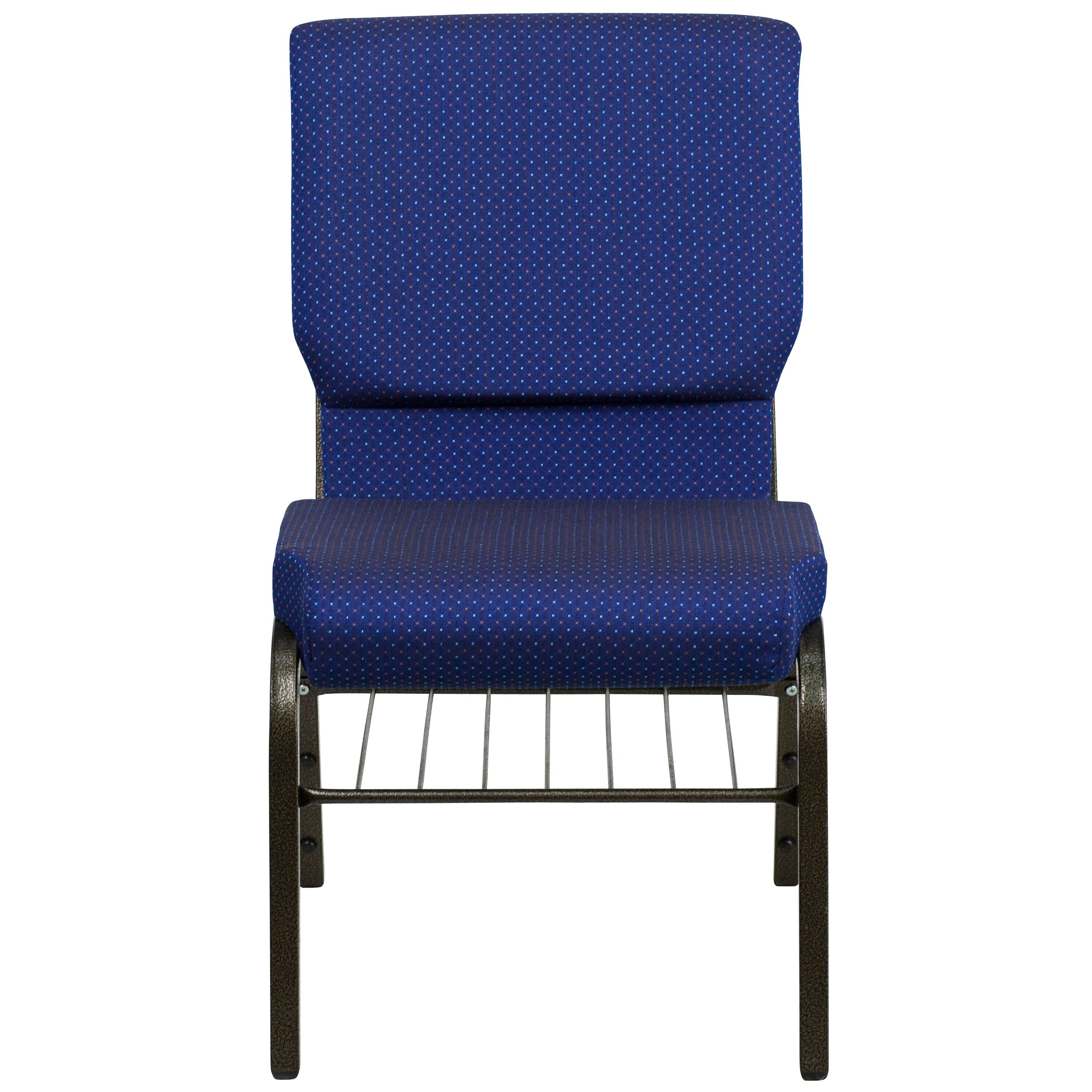 Alt View 7. Emma + Oliver - Auditorium Chair - 19" Seat - Book Rack - Navy Blue Patterned Fabric/Gold Vein Frame.