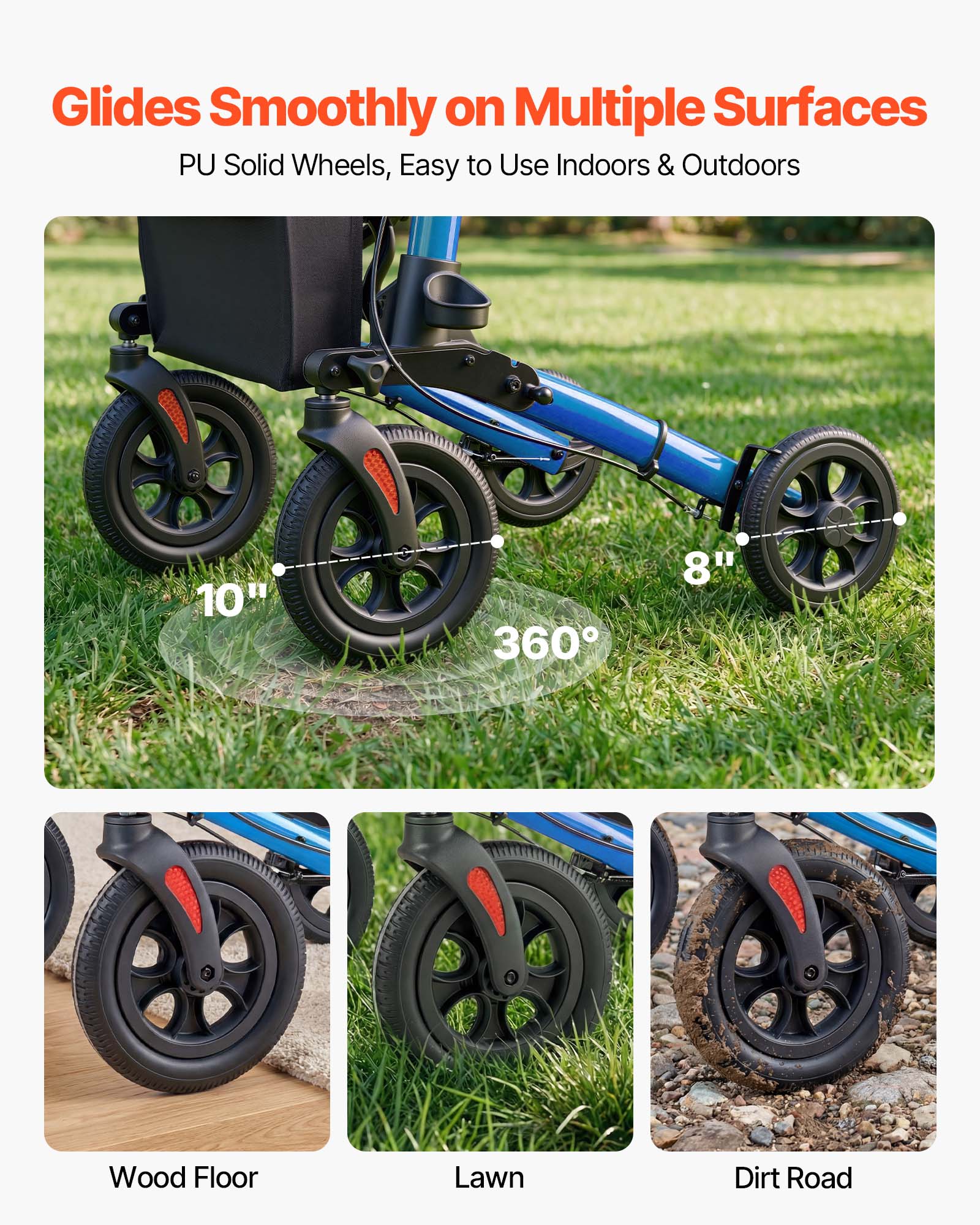 Glides Smoothly on Multiple Surfaces  
PU Solid Wheels, Easy to Use Indoors & Outdoors  

10"  
8"  
360°  

Wood Floor  
Lawn  
Dirt Road