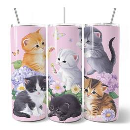 OrnamentallyYou - Cute Kittens Wildflower 20oz Tumbler With Stainless Steel Straw, Cottagecore Botanical Cat Gift Cup - Multicolored