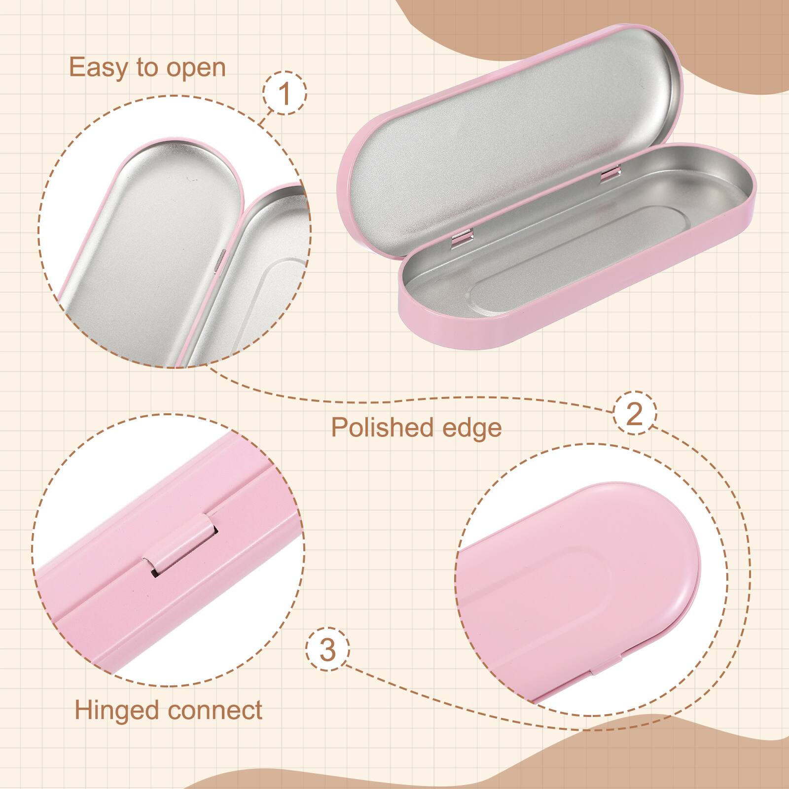 Easy to open  
1. Polished edge  
2. Hinged connect