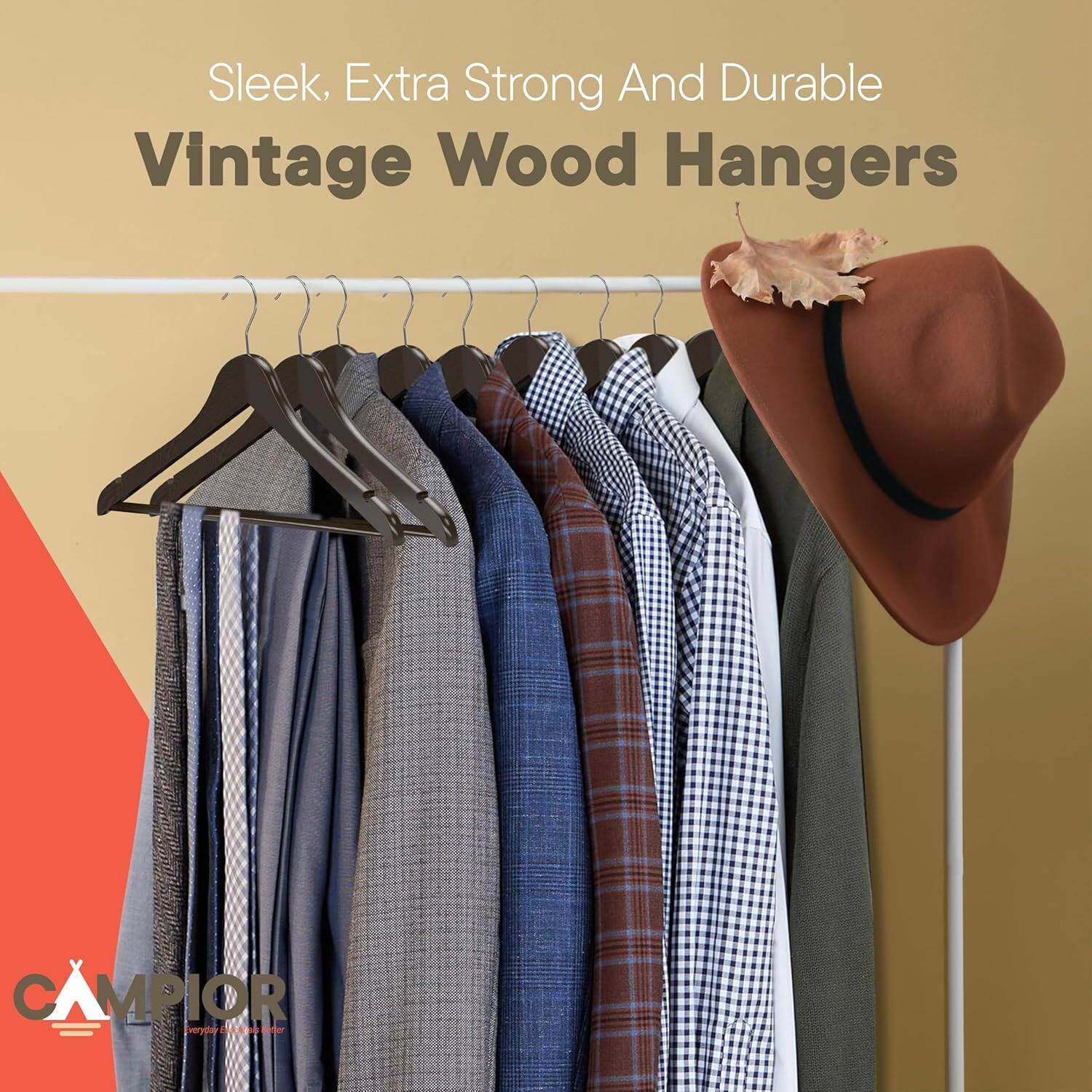 Sleek, Extra Strong And Durable Vintage Wood Hangers CAMPIOR Everyday Made Better