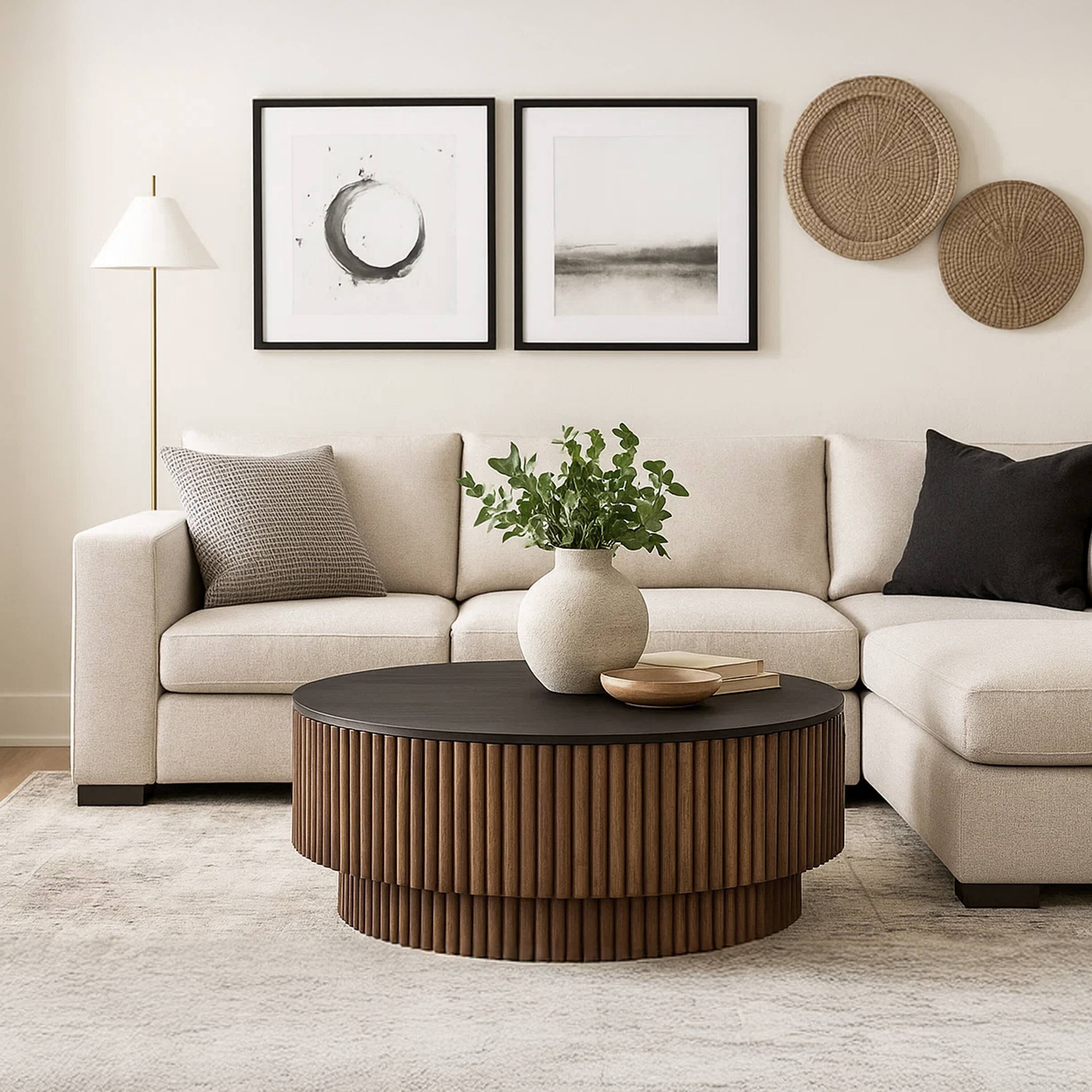 Alt View 9. Manhattan Lane - Montoya Coffee Table | 34" Round Black Top | Mango Wood Fluted Plinth Base - Black, Brown.