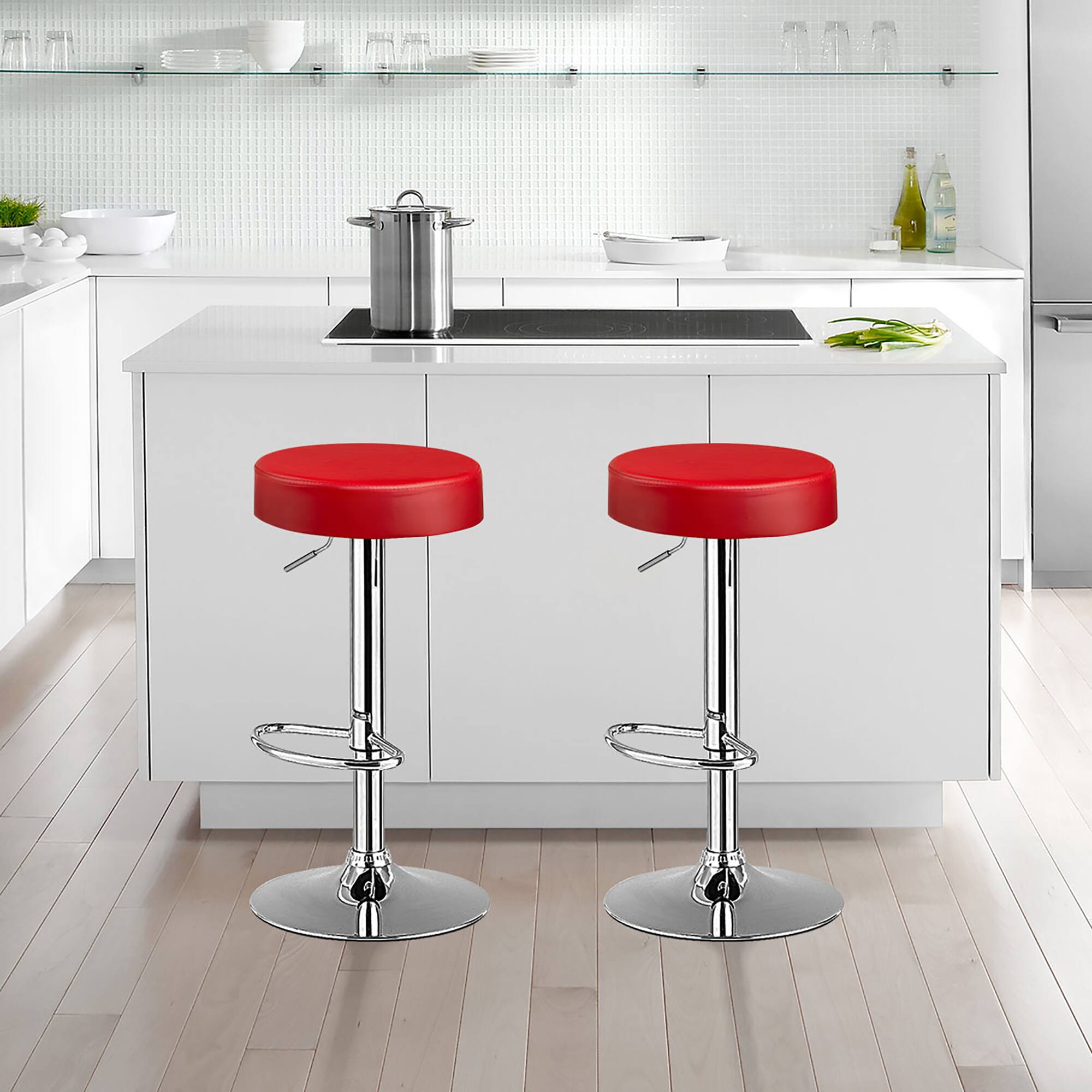Alt View 2. Costway - Costway Set of 2 Round Bar Stool PU Adjustable Swivel Pub Chair W/ Footrest - Red.
