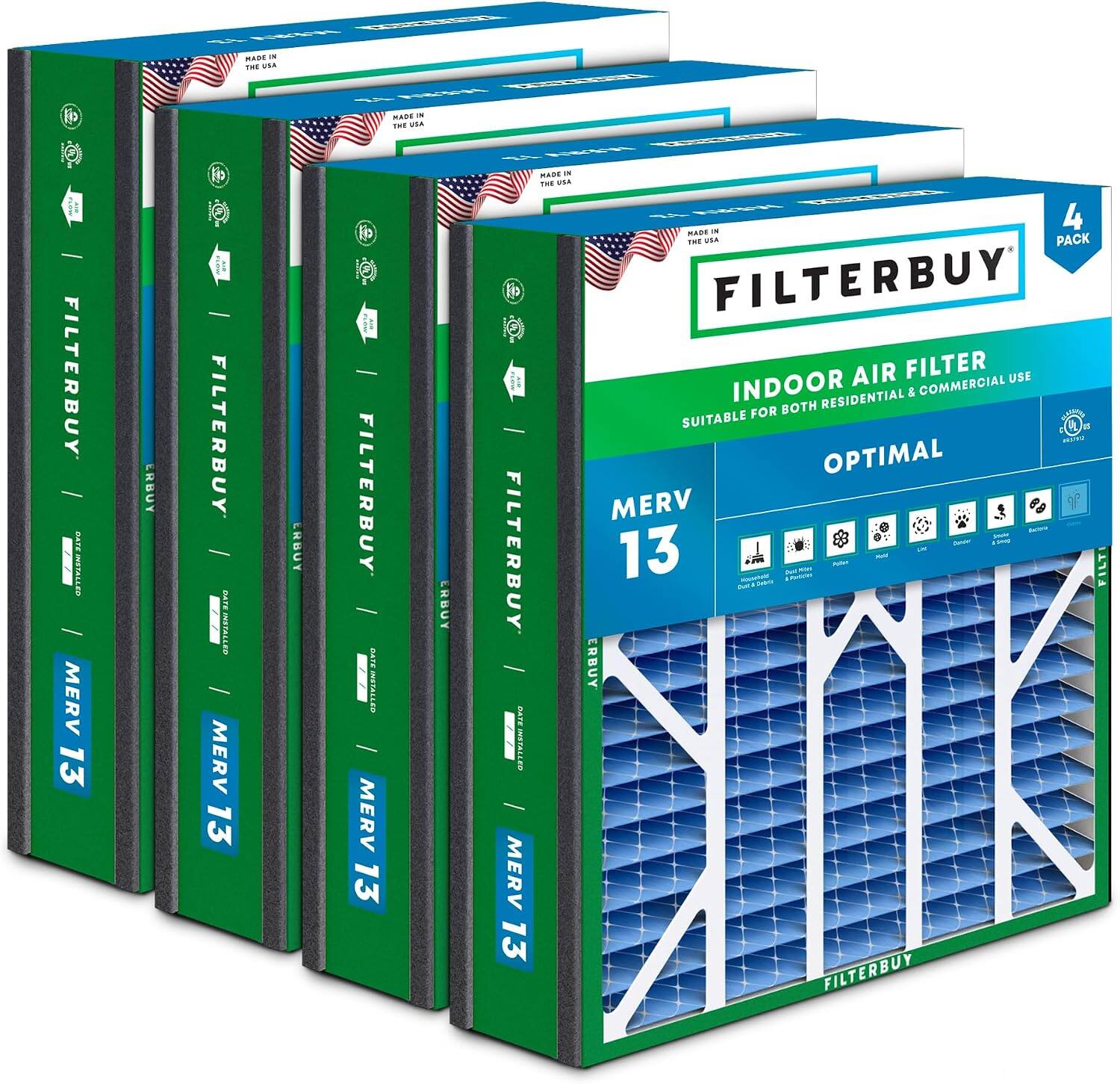 Filterbuy - 20x25x5 MERV 13 Smoke & Allergy Defense, Pleated HVAC AC Furnace Air Filters Replacement for Trion Air Bear (4-Pack) - Blue