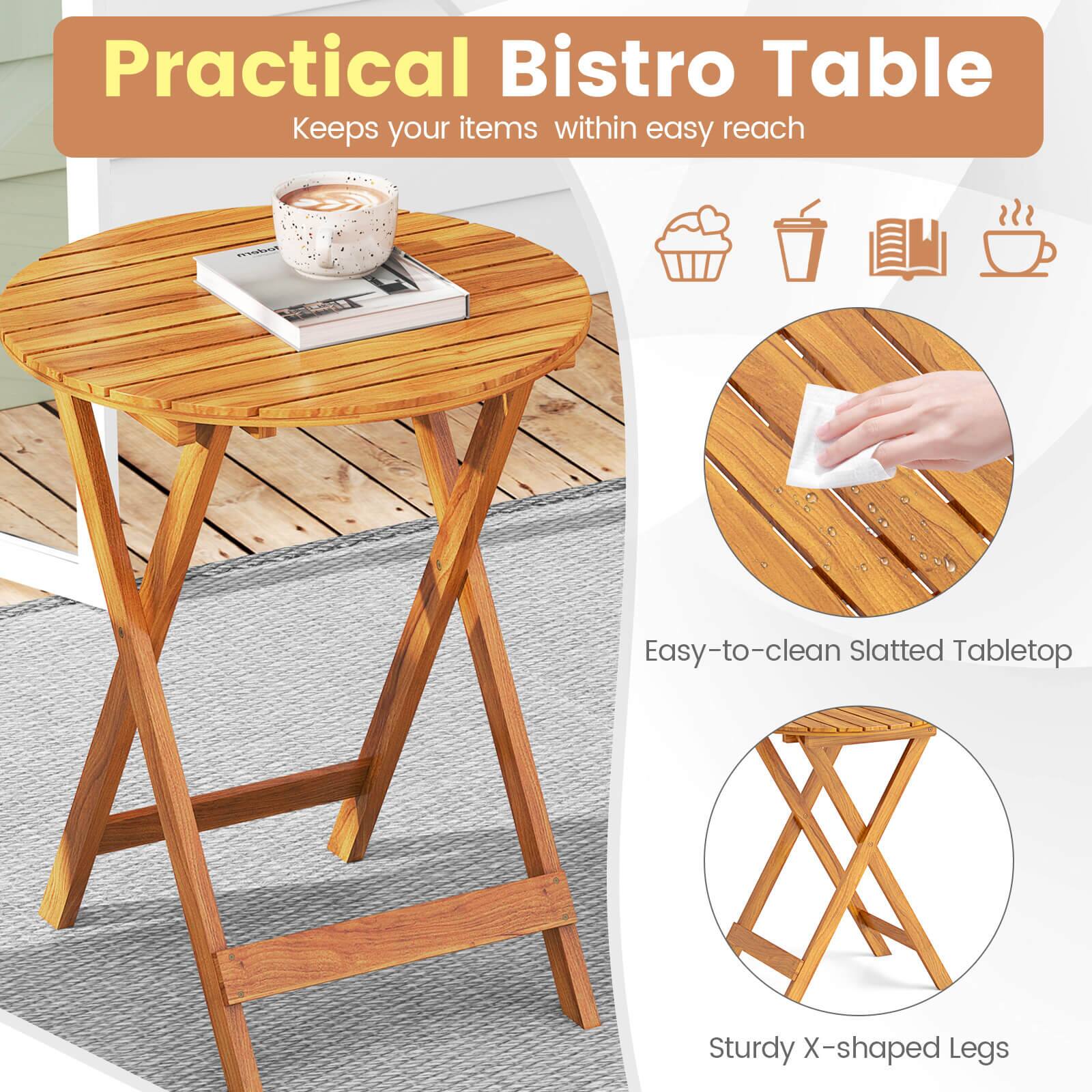 Practical Bistro Table Keeps your items within easy reach. 1. Easy-to-clean Slatted Tabletop. 2. Sturdy X-shaped Legs.