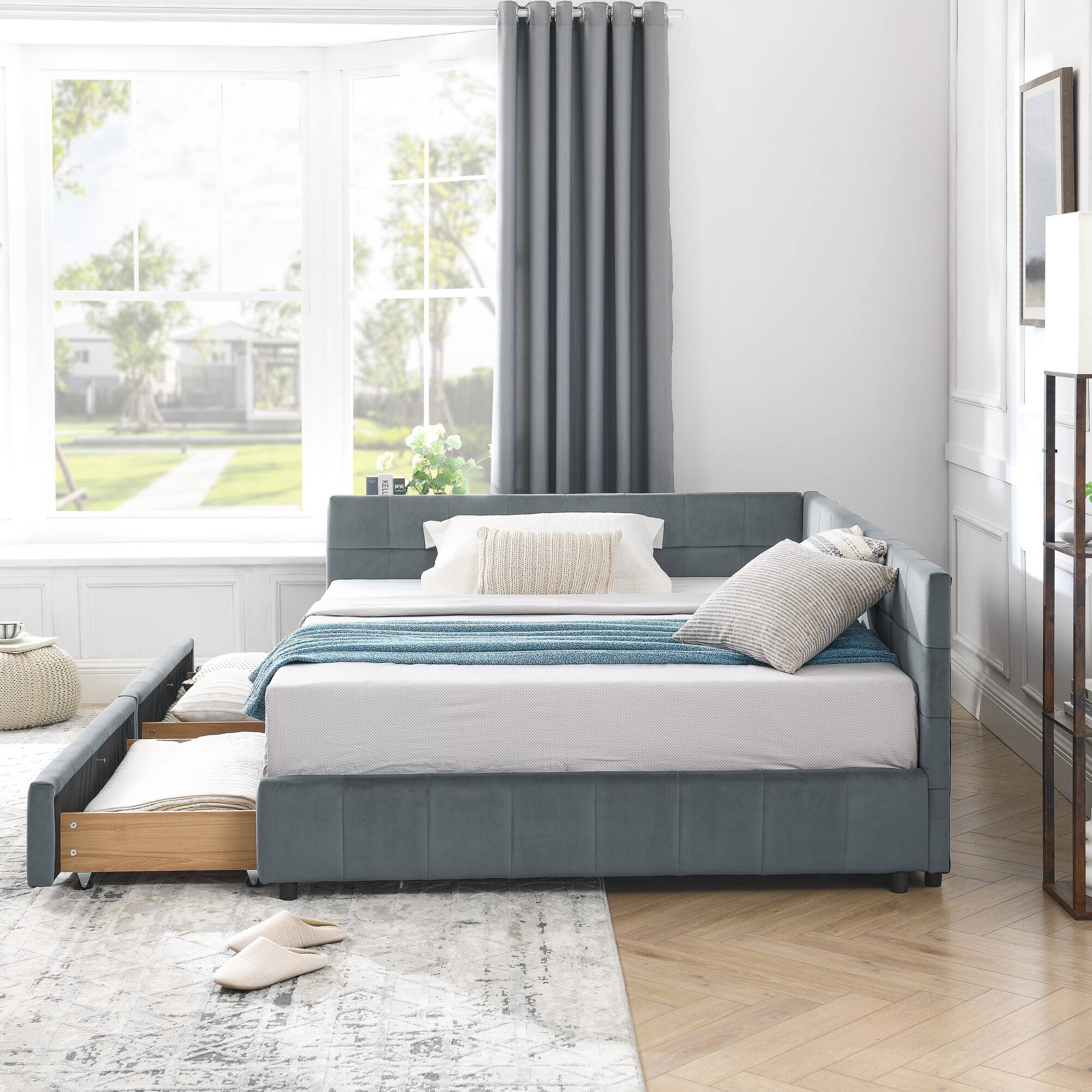 Angle. Anysun - Full Size Velvet Tufted Storage Bed Frame - Sofa Bed with Backrest & Armrests for Bedroom or Living Room - Grey.