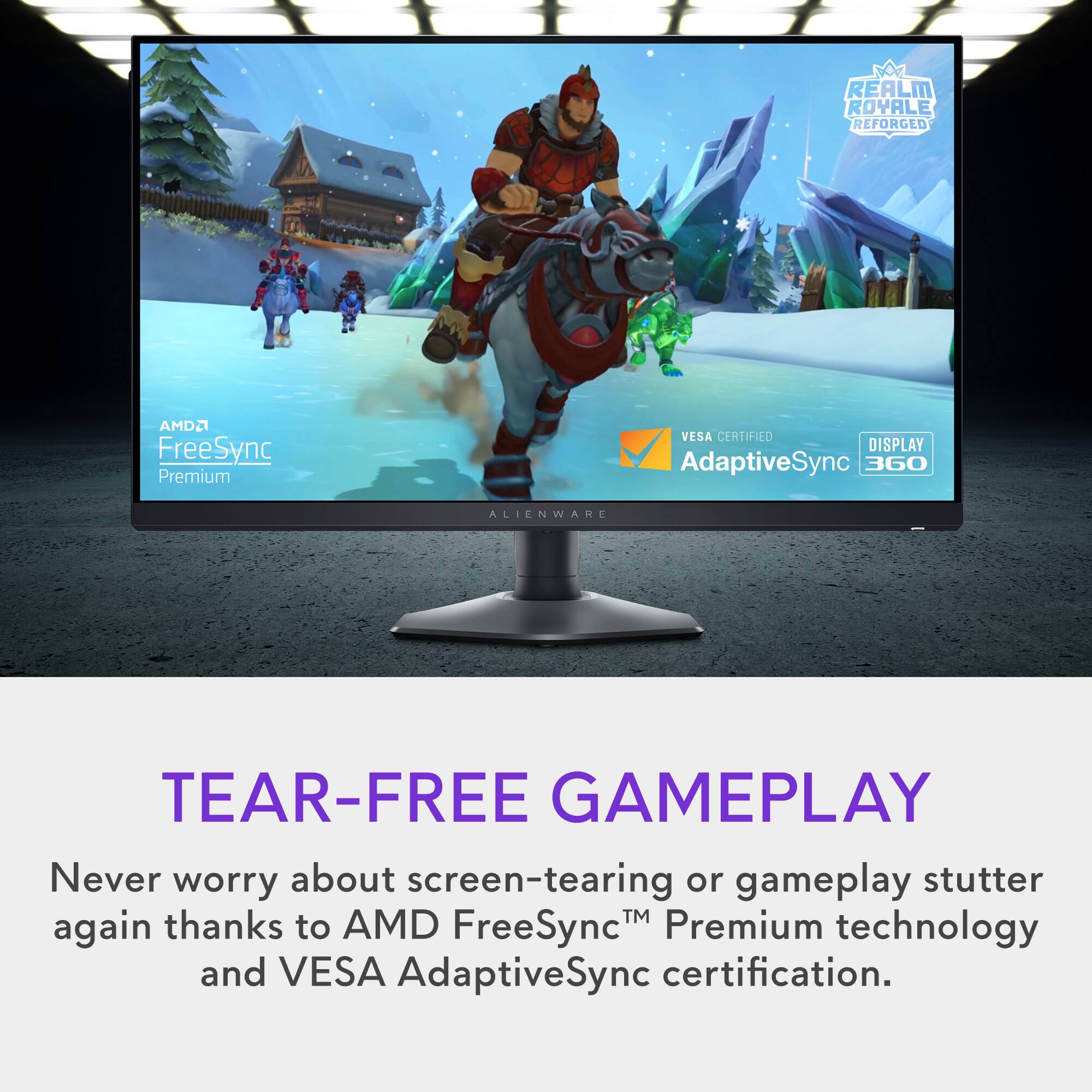 Realm Royale Reforced is an Alienware display that features AMD FreeSync Premium technology and VESA AdaptiveSync certification. This technology allows for tear-free gameplay, ensuring smooth and stutter-free gaming experiences.