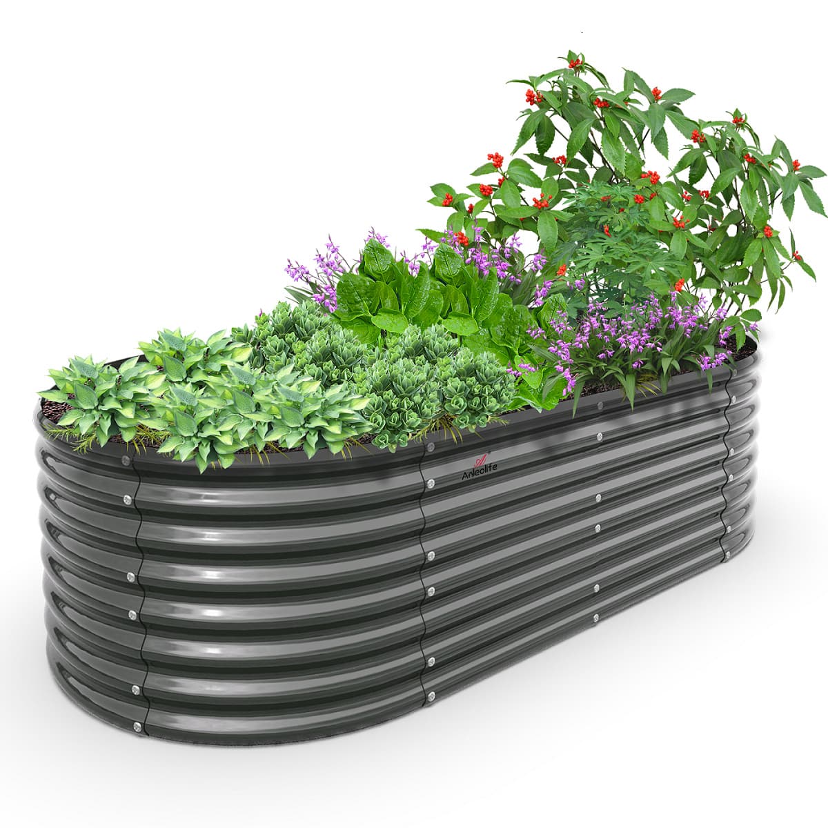 A Anleolife - Metal Oval Raised Garden Bed Planter Box for Planting Vegetables Flowers Herb (96 in. L x 48 in. W x 24 in. H) - Gray