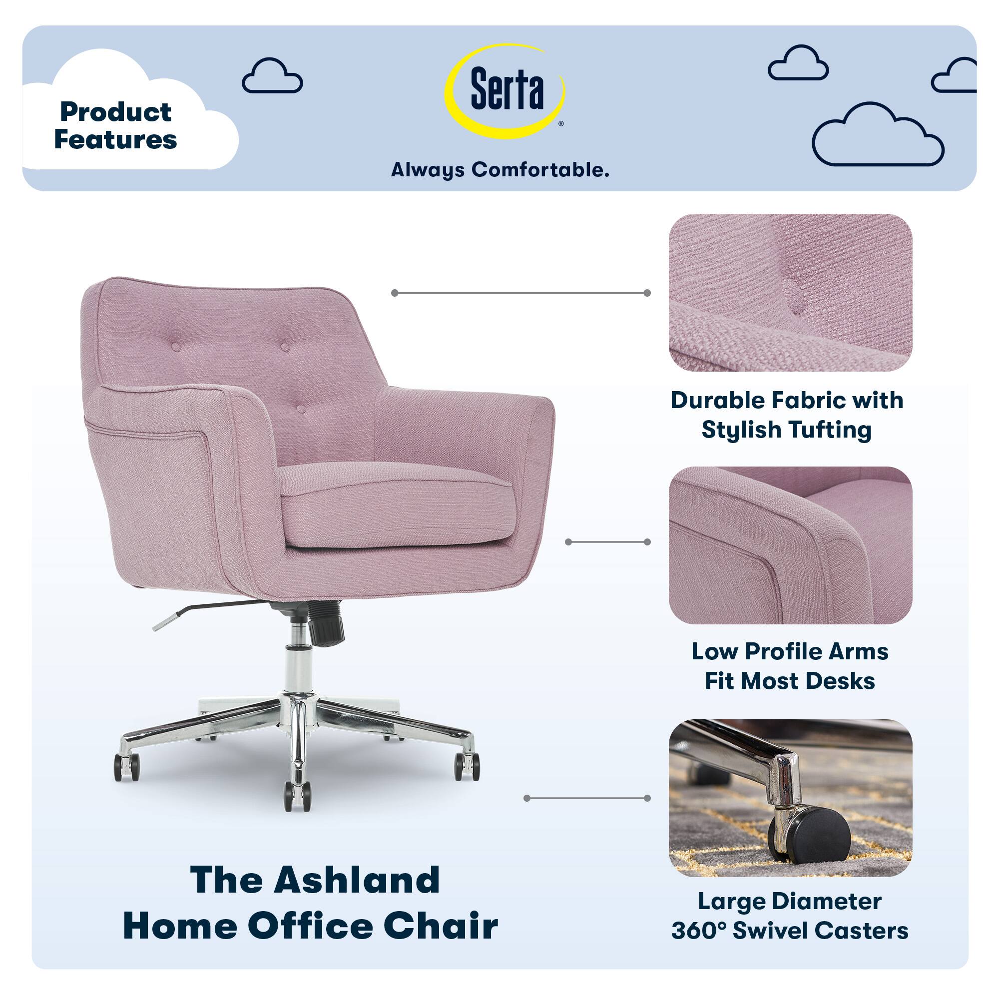 The Ashland Home Office Chair is designed to provide comfort and functionality for your home office. It features a durable fabric with stylish tufting, low profile arms that fit most desks, and large diameter 360 swivel casters for easy maneuverability. The chair is also equipped with a large diameter 360 swivel casters, making it easy to move around your workspace. The product is made by Serta, a well-known brand for comfort and quality.