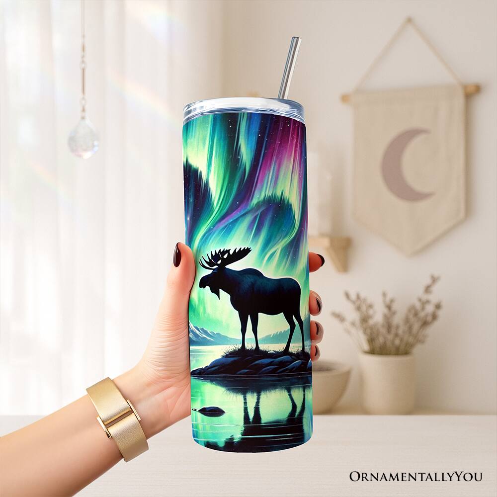 Left. OrnamentallyYou - Majestic Moose Under Northern Lights 20oz Tumbler With Lid and Stainless Steel Straw - Multicolored.