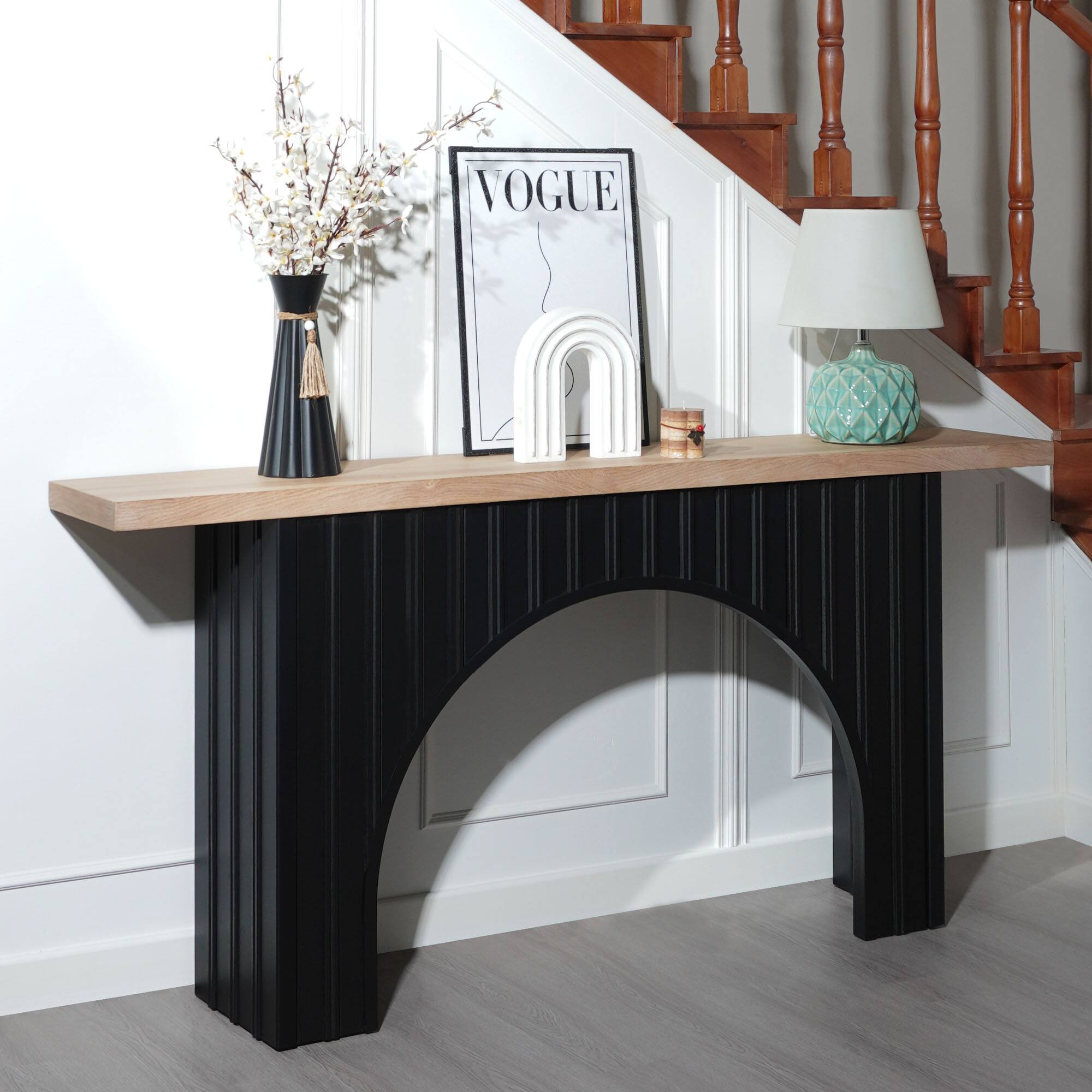 Back. TinyHomie - Modern Minimalist Console Table with Black Arch Base and Natural Wood Top 66in Length Console Table Wood Table - Black and Natural.
