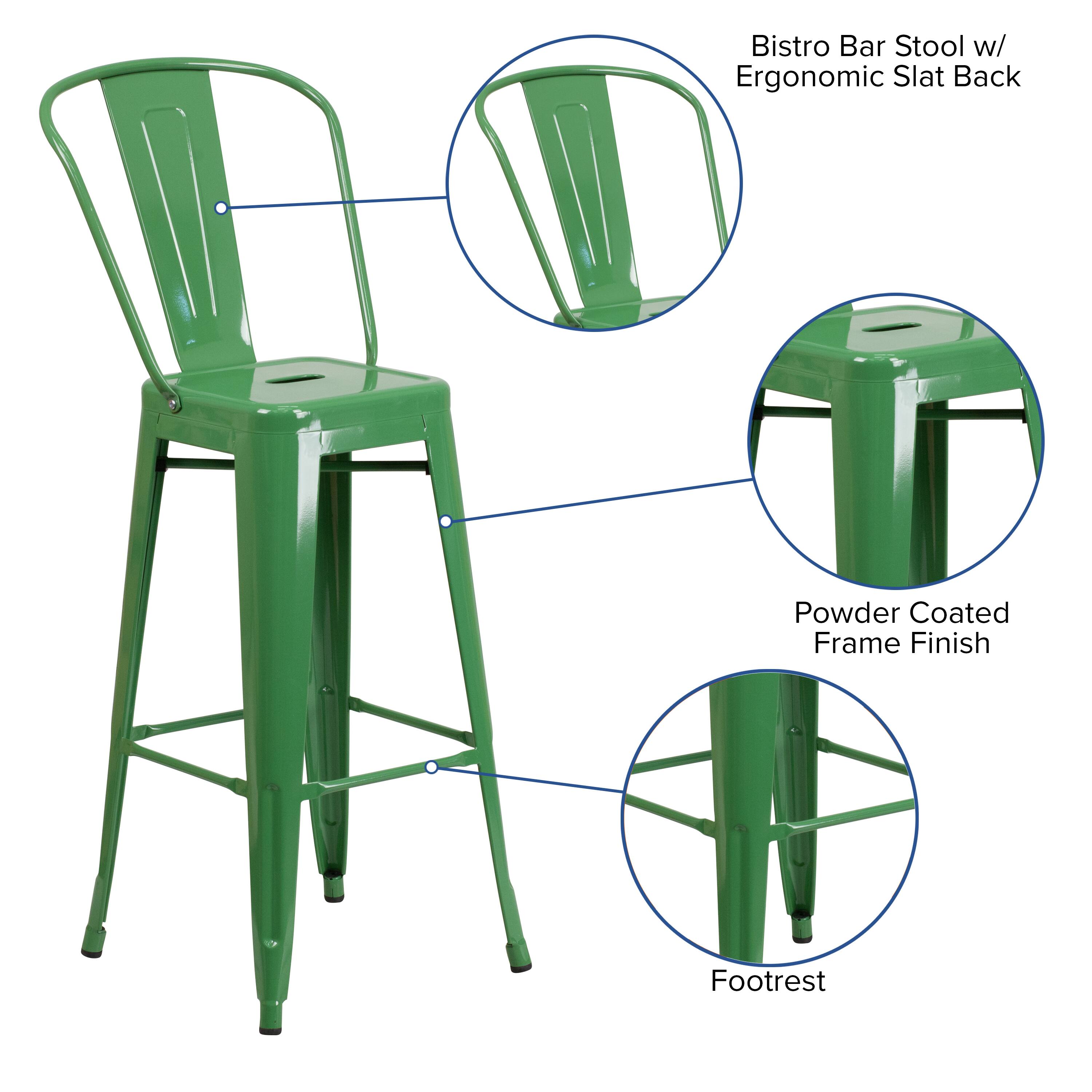 Bistro Bar Stool w/ Ergonomic Slat Back  
Powder Coated Frame Finish  
Footrest