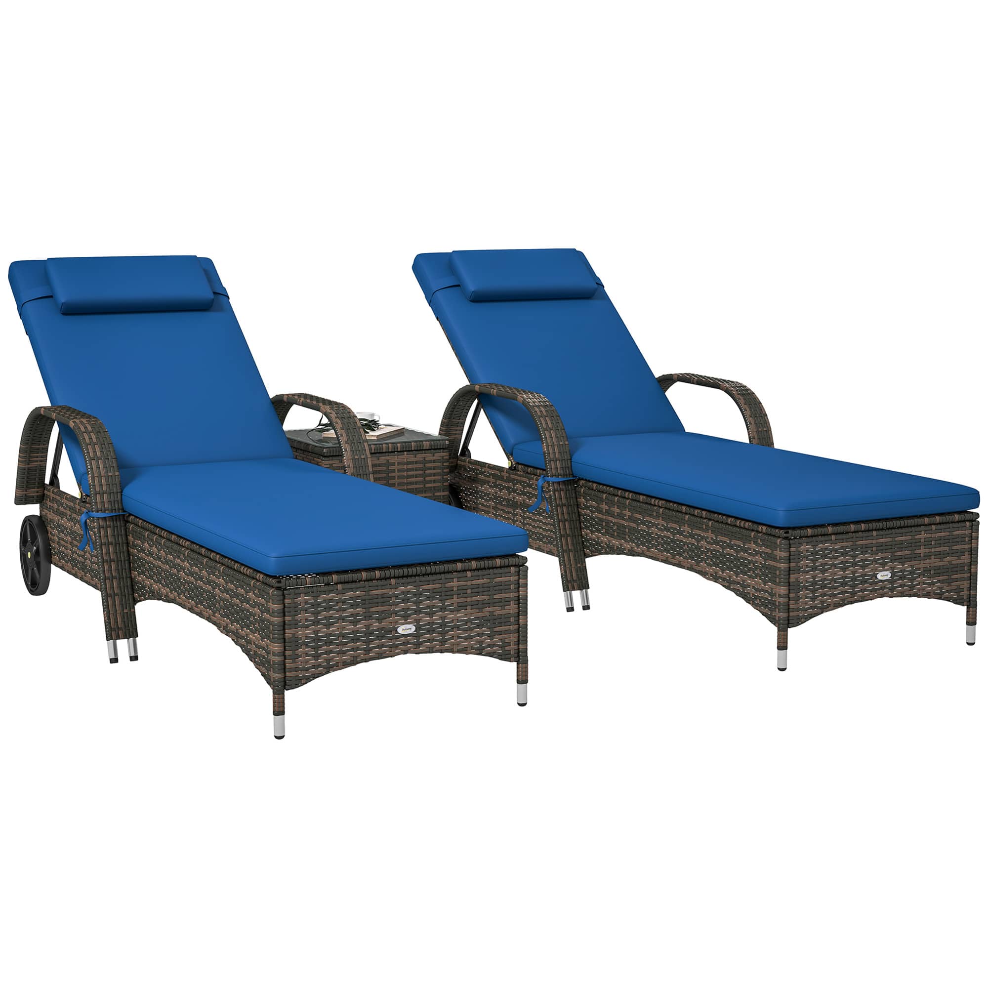 Outsunny - Wicker Outdoor Chaise Lounge Chair Set of 3 with Side Table, 5-Level Adjustable Backrest PE Rattan Pool Lounge Chair - Blue
