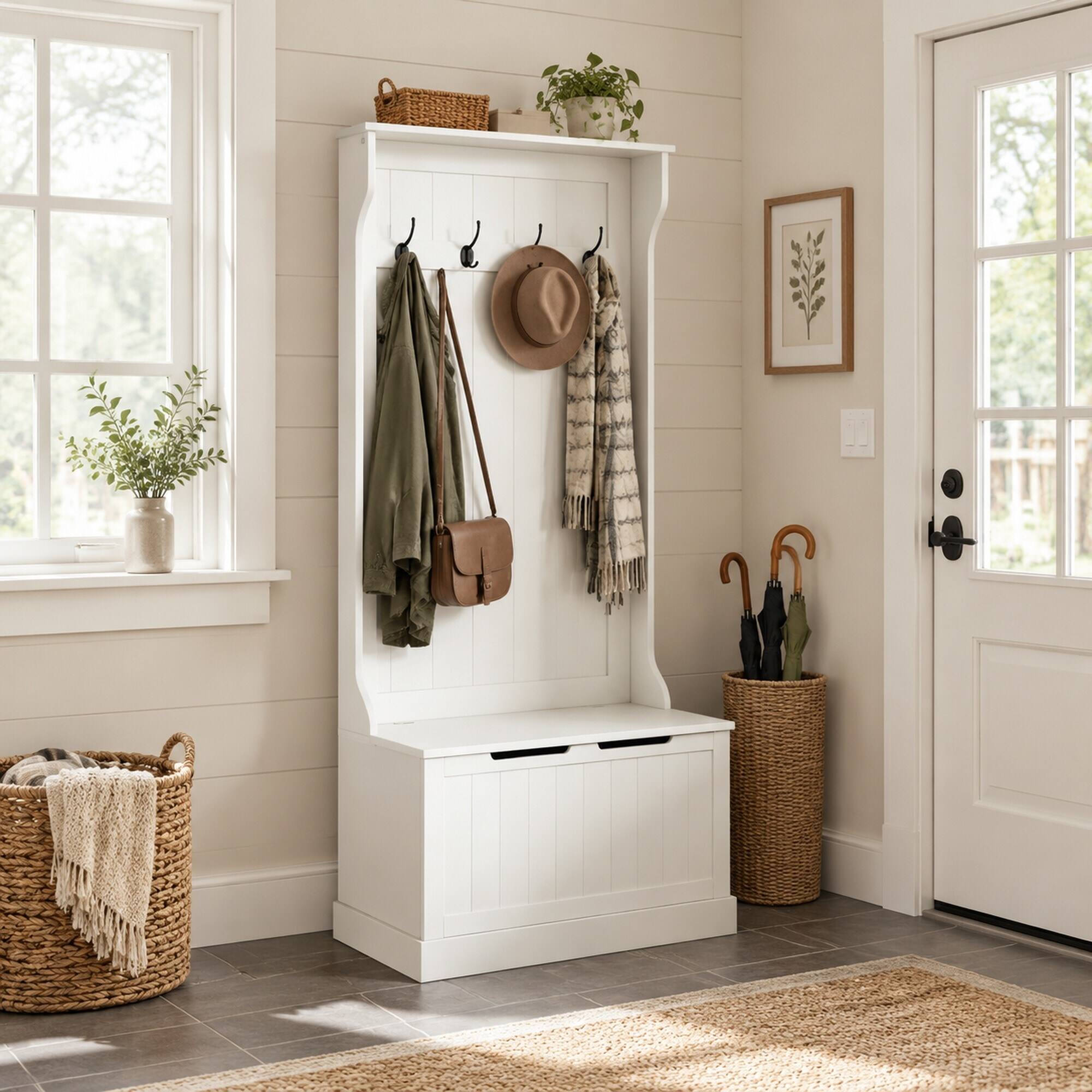 Left. RYHNUYNE - Multi-Use Hall Tree Bench, Cream White MDF, 4 Steel Double Hooks, Shoe Storage, 67 in Tall - Cream White.