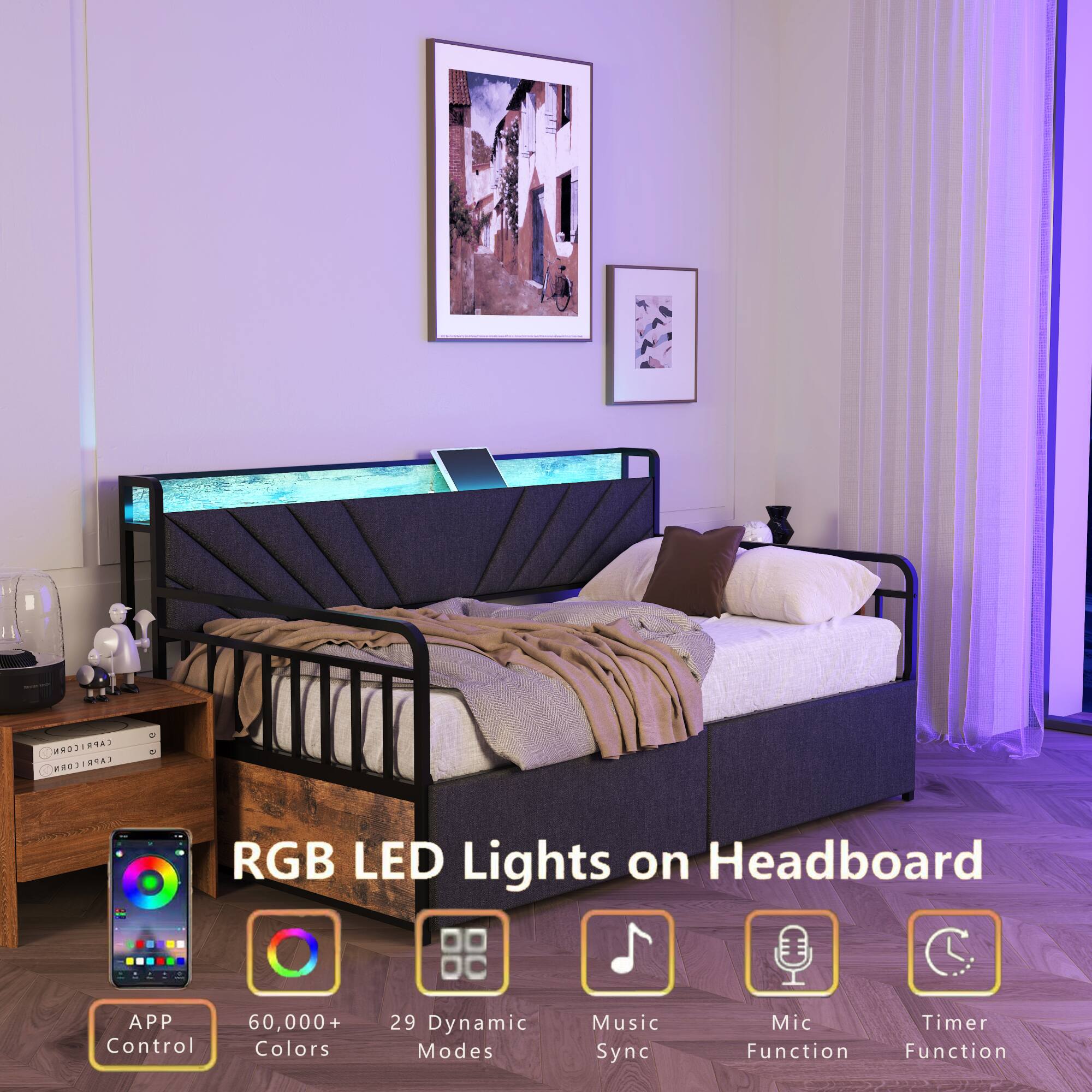 CAPRICORN CAPRICORN RGB LED Lights on Headboard APP Control 60,000+ Colors 29 Dynamic Modes Music Sync Mic Timer Function