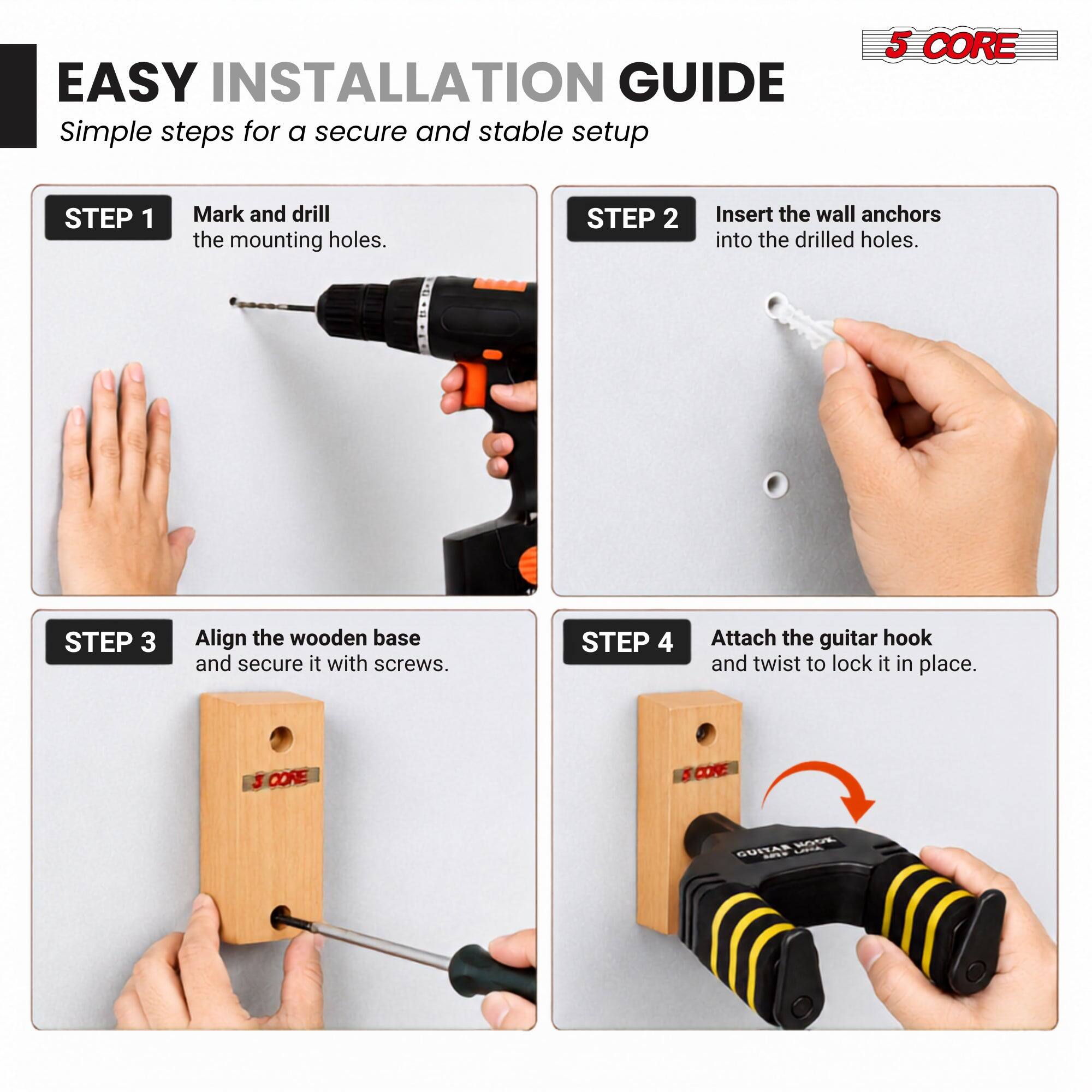 5 CORE 5Core Guitar Wall Mount Hanger Adjustable Display Wall Hook ...