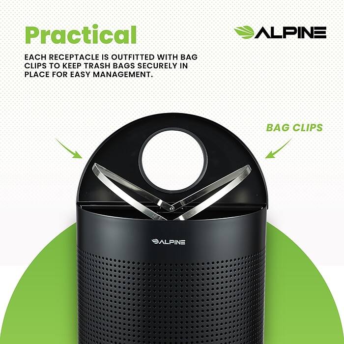 Practical

EACH RECEPTACLE IS OUTFITTED WITH BAG CLIPS TO KEEP TRASH BAGS SECURELY IN PLACE FOR EASY MANAGEMENT.

BAG CLIPS

ALPINE

ALPINE