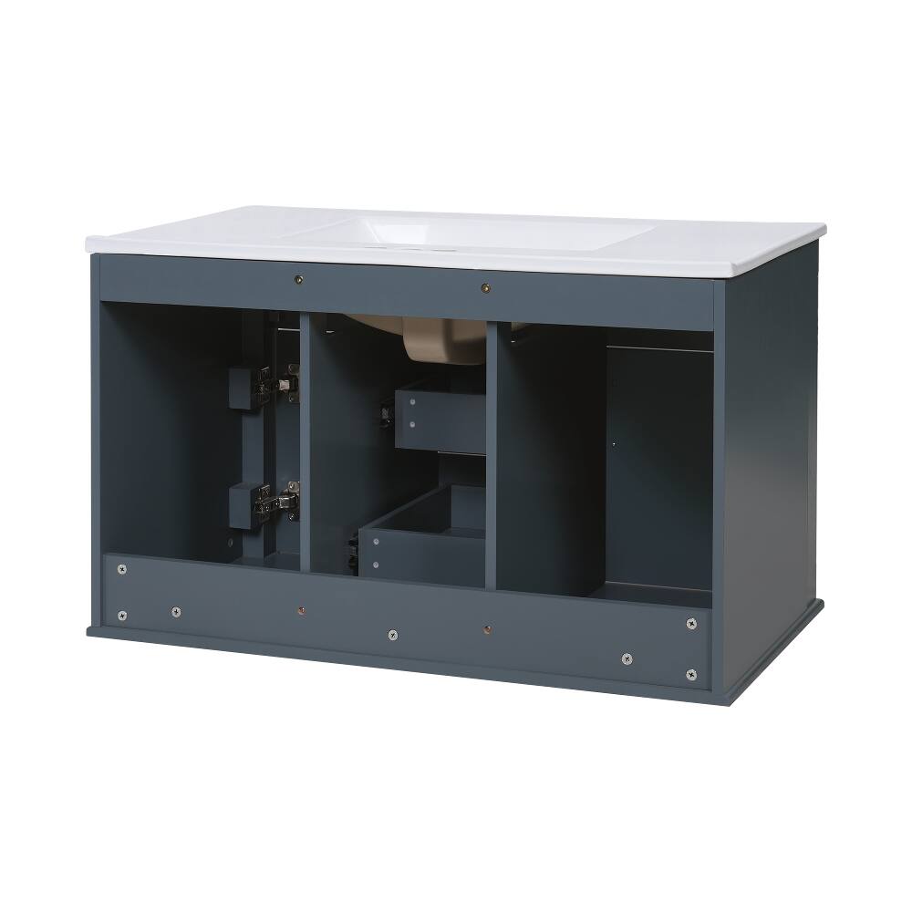 Alt View 8. Loheer - Loheer 36 inch wall mounted bathroom vanity Blue Floating Cabinet with Ceramic Sink - Blue.