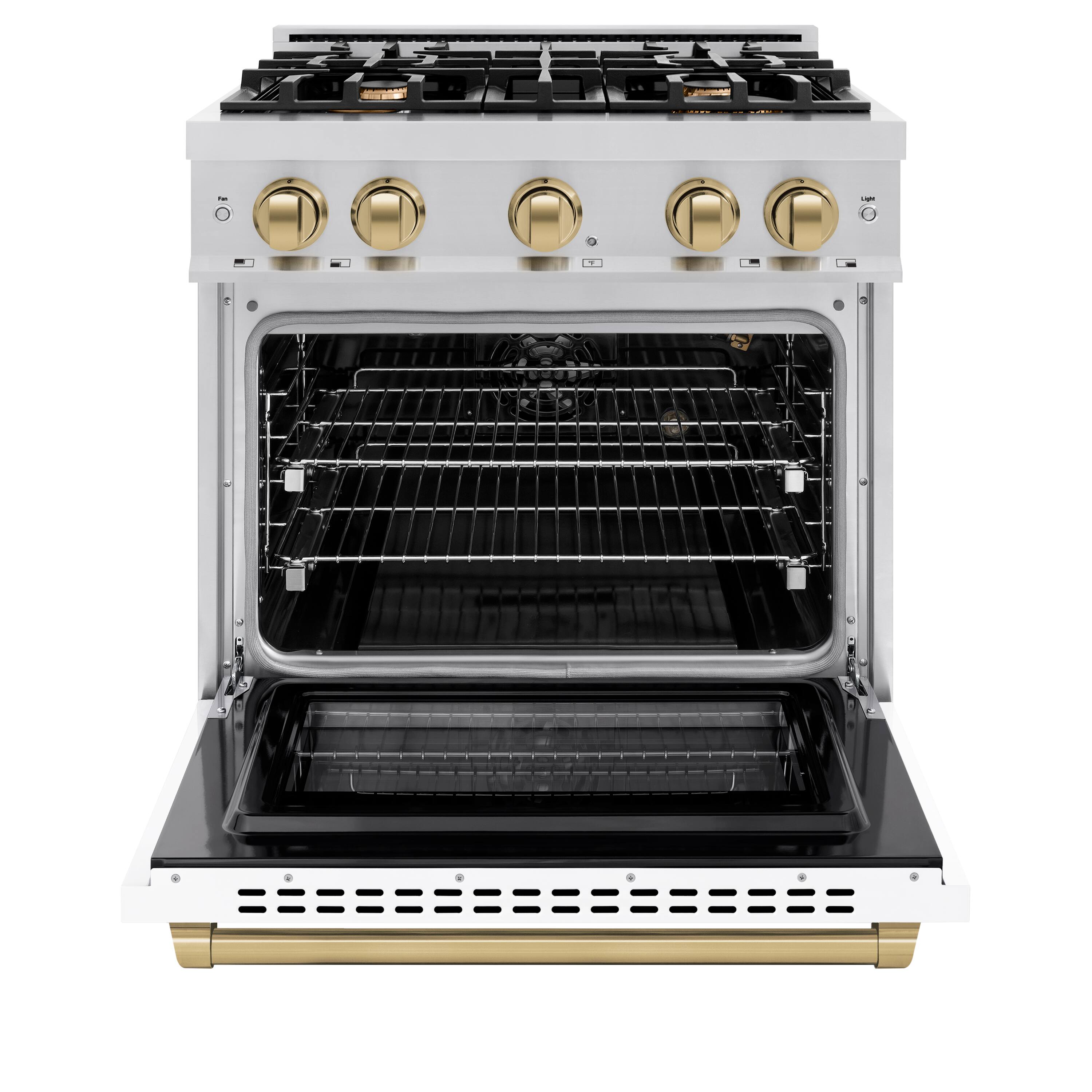 Left. ZLINE - ZLINE Autograph 30 in. 4.2 cu. ft. Freestanding Select Gas Range w/ 4 Burners & White Door w/ Bronze Accents - Stainless Steel.
