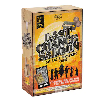 Professor's Puzzle Games
Last Chance Saloon
Murder Mystery Game
14+
6 Players
90+ Minutes
Last Orders in the only saloon in town, and there's more to kill than just time. Will the richest rancher be dead before sundown? Will you be able to save his skin?