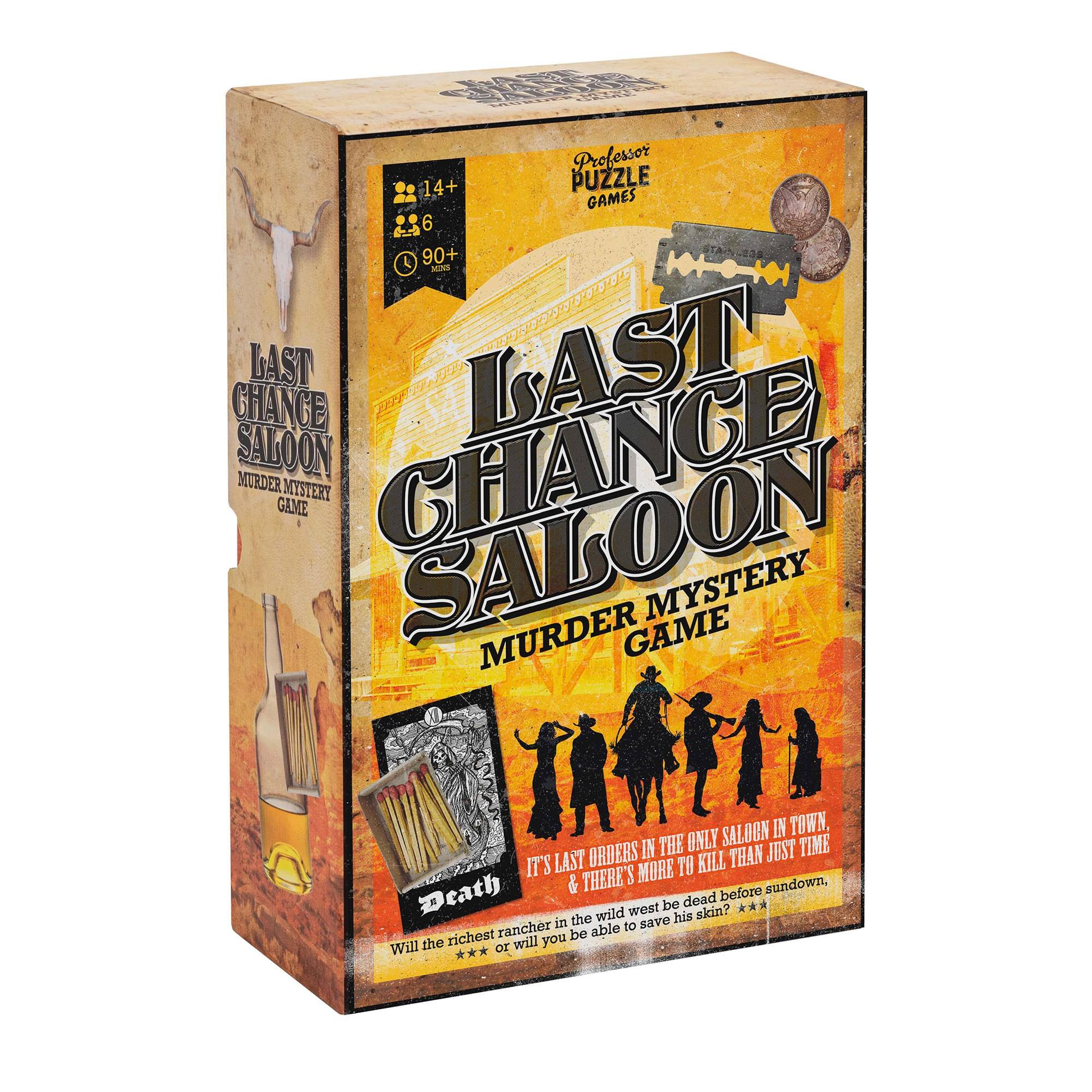 Professor's Puzzle Games  
Last Chance Saloon  
Murder Mystery Game  

14+  
6 Players  
90+ Minutes  

Last Orders in the only saloon in town, and there's more to kill than just time. Will the richest rancher be dead before sundown? Will you be able to save his skin?