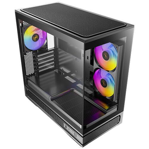 Left. Antec - C2M ARGB 270 degree Full-view Tempered Glass Compact MicroATX PC Case, 2 ARGB PWM Fans Included, Support 360mm Radiator - Black.