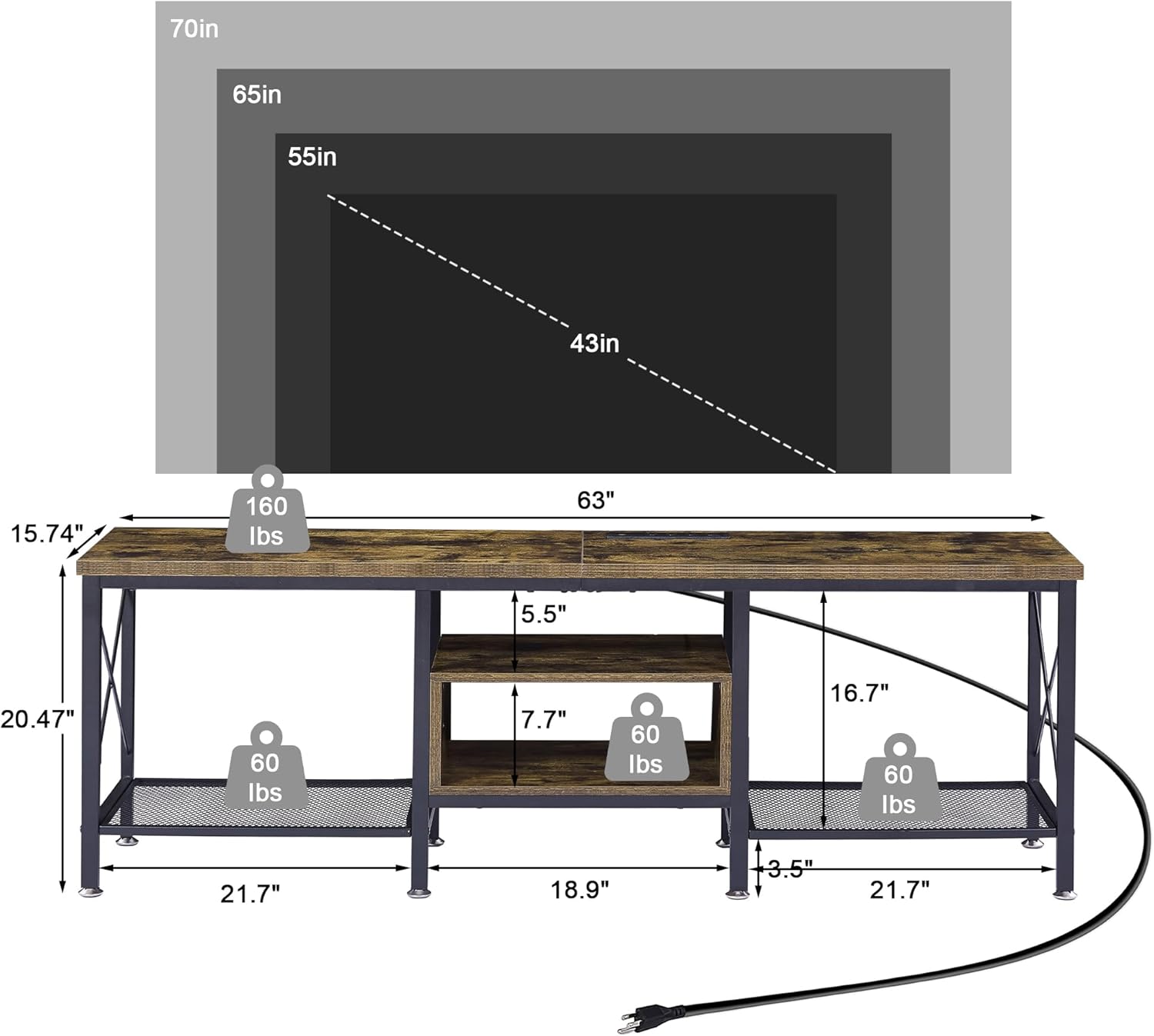 Sure, here is the corrected and grouped text from the image:

- **Dimensions:**
  - 70in
  - 65in
  - 55in
  - 43in
  - 63"
  - 15.74"
  - 20.47"
  - 5.5"
  - 7.7"
  - 16.7"
  - 18.9"
  - 3.5"
  - 21.7"

- **Weights:**
  - 160 lbs
  - 60 lbs
  - 60 lbs
  - 60 lbs