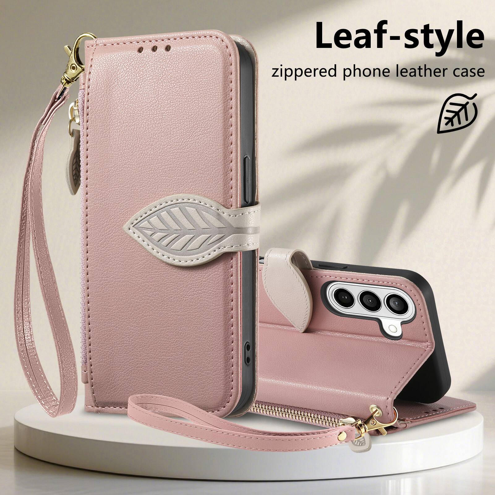 Leaf-style zippered phone leather case