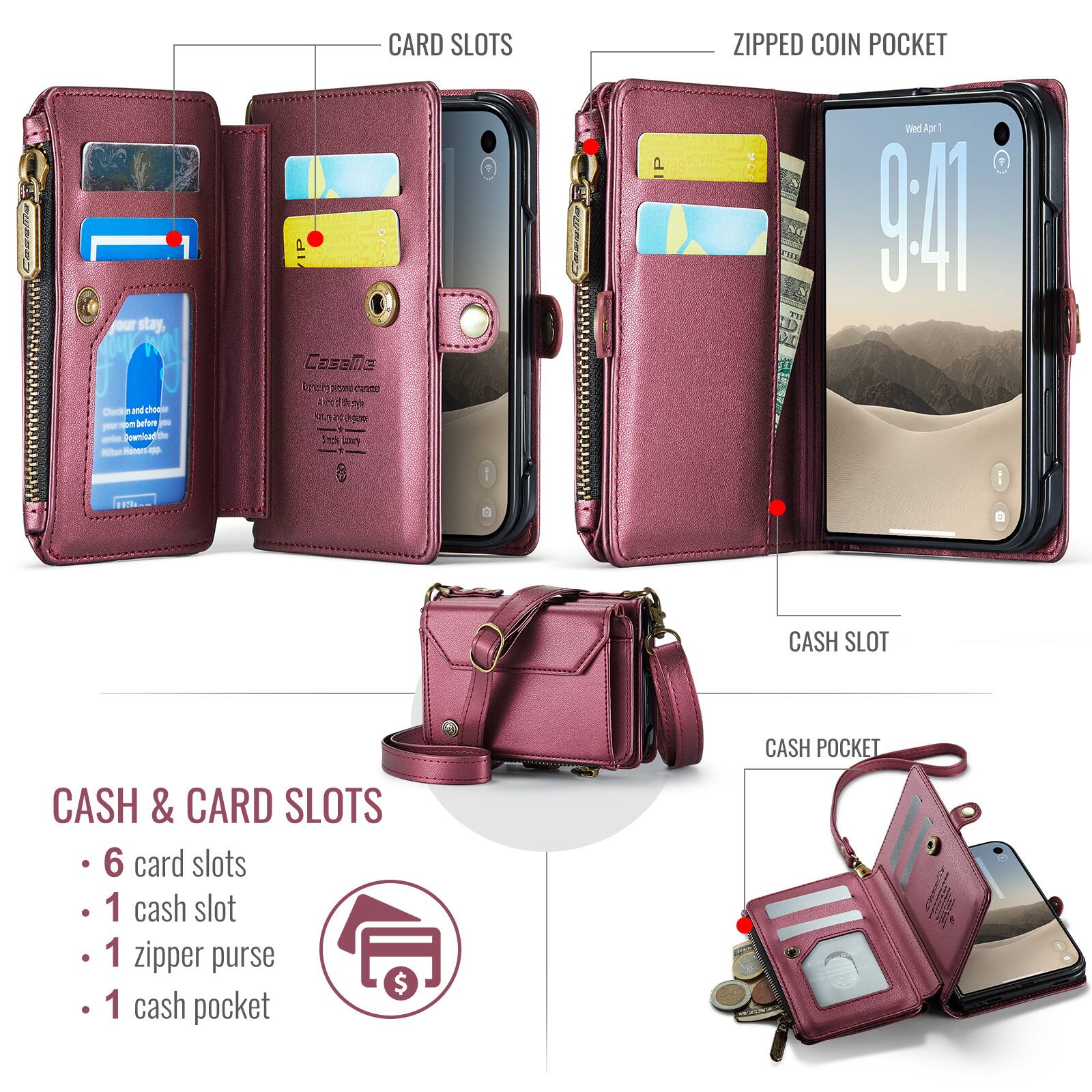 our stay, Check and choco om before Pownicadithe Honors app

CARD SLOTS CANADA CasaMe 13 proved diftsph and Pepperce Shall inn

P

ZIPPED COIN POCKET Wed Apr 1 | COMMAN 9.41 TH

CASH SLOT

CASH POCKET

CASH & CARD SLOTS
- 6 card slots
- 1 cash slot
- 1 zipper purse
- 1 cash pocket
