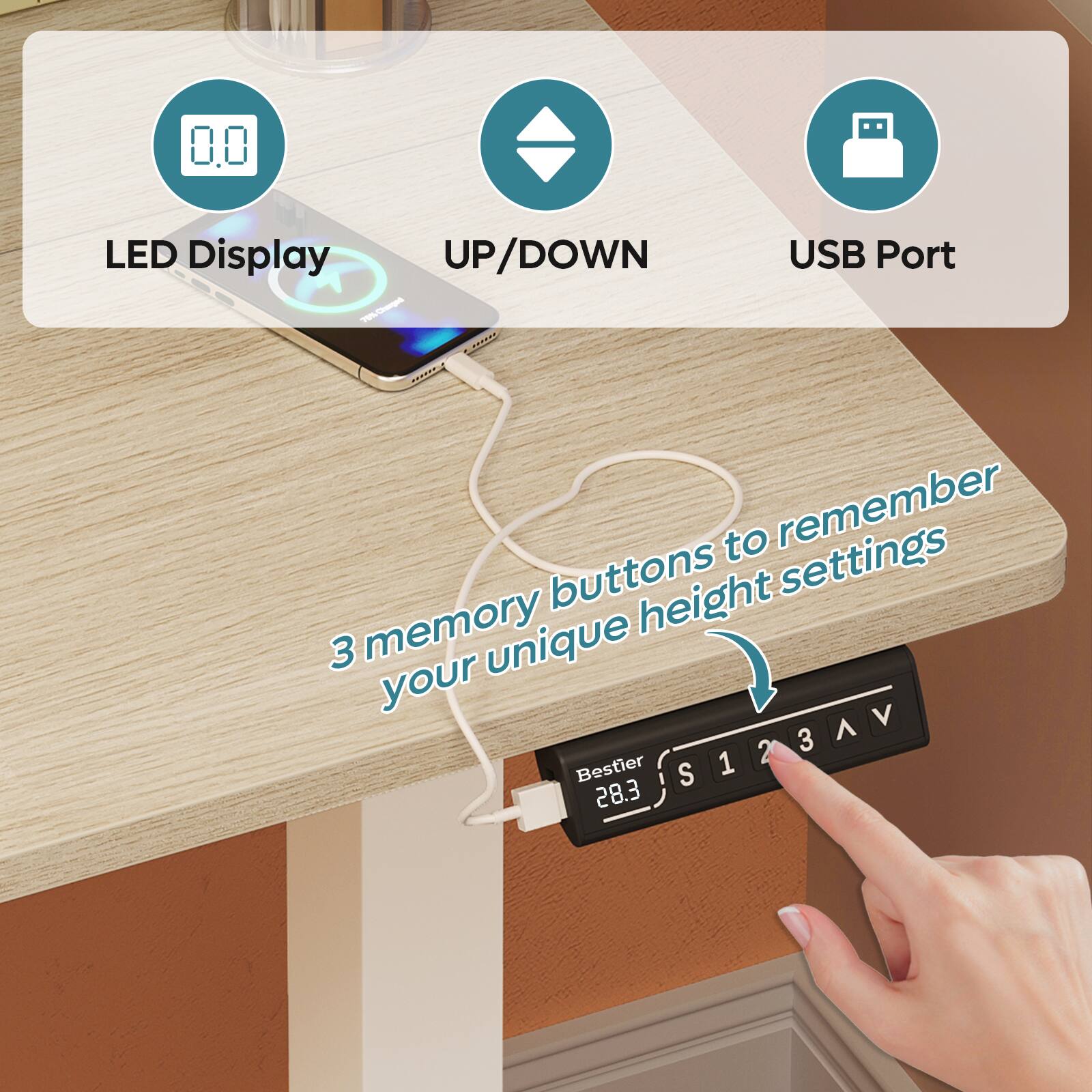0.0 LED Display UP/DOWN 790hpal - CER

USB Port to remember buttons height settings

3 memory unique your

Bestier S 1 2 3

28.3