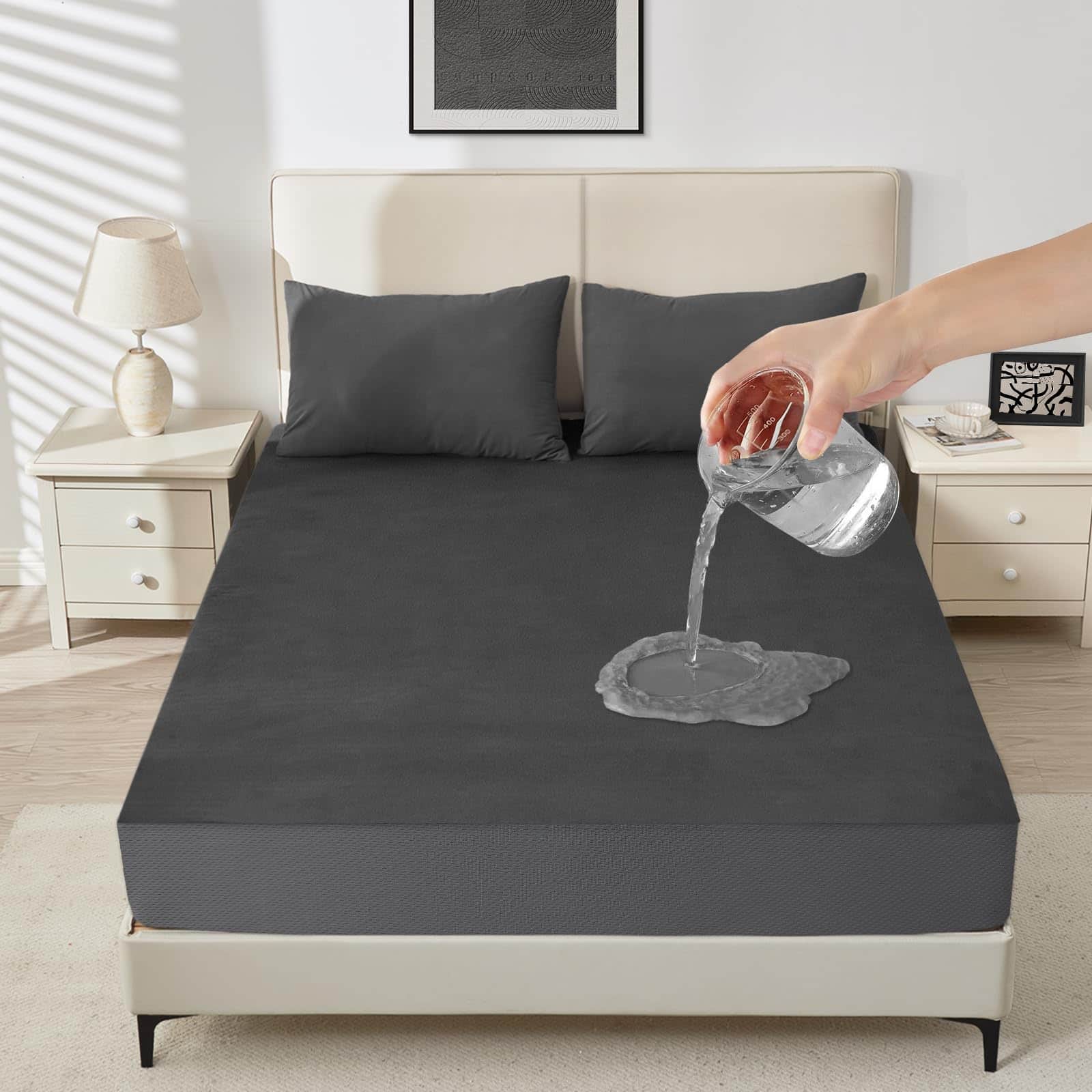 Comfort Essence - Waterproof Mattress Protector Queen Size Noiseless Cover With 18 Deep Pocket Bed Proof And Fitted Sheets - Dark Gray