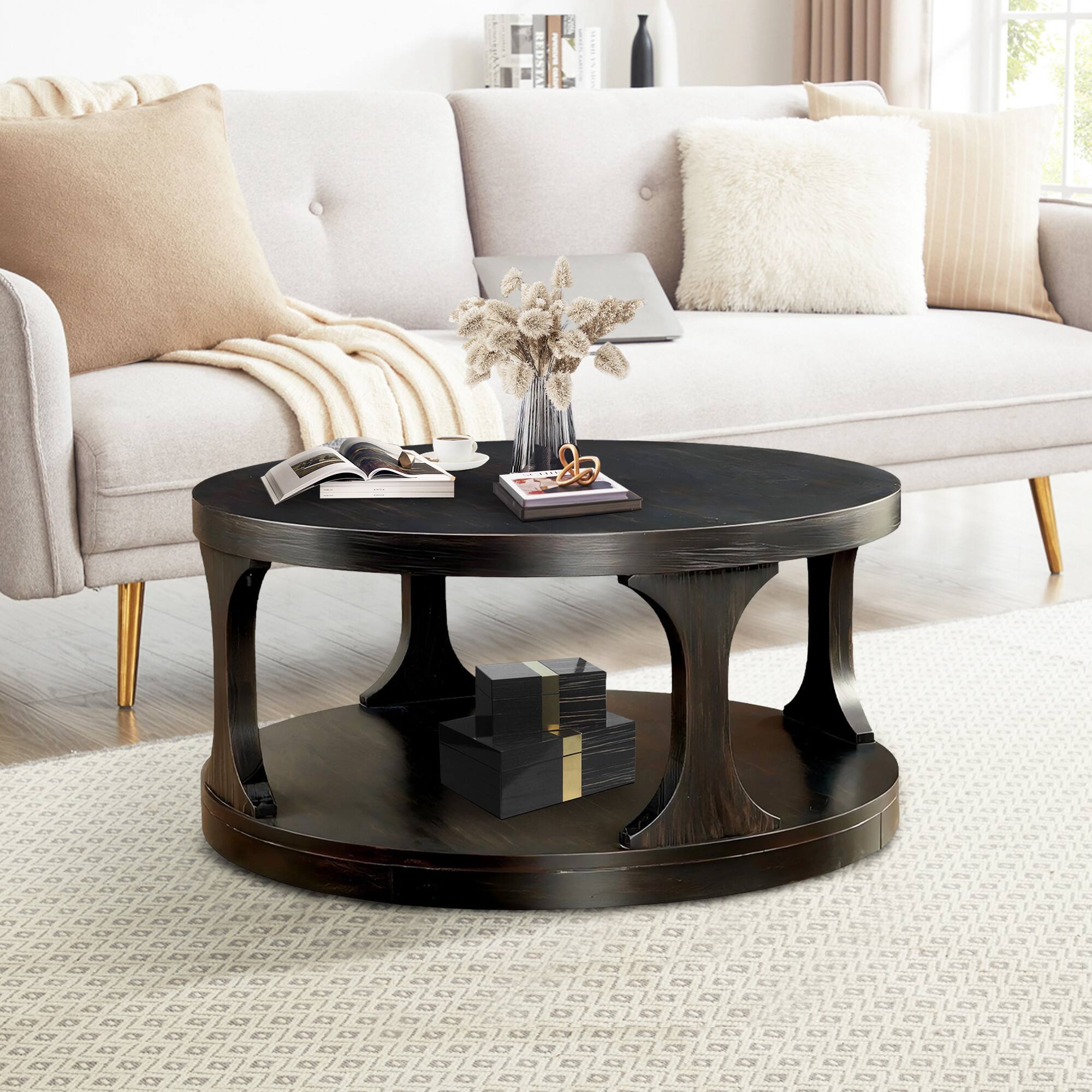 Back. Vaczon - 36" Solid Wood Coffee Table Round with Storage Modern Wood Round Center Table for Living Room Home Office Small Space - Antique Black.