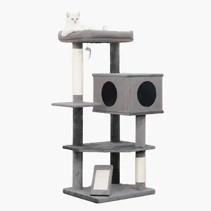 Front. Catry - 4-Level 49" Linen & Plush Cat Tree with Natural Sisal Scratchers, Spacious Condo - Gray.