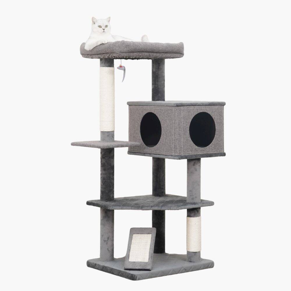 Front. Catry - 4-Level 49" Linen & Plush Cat Tree with Natural Sisal Scratchers, Spacious Condo - Gray.