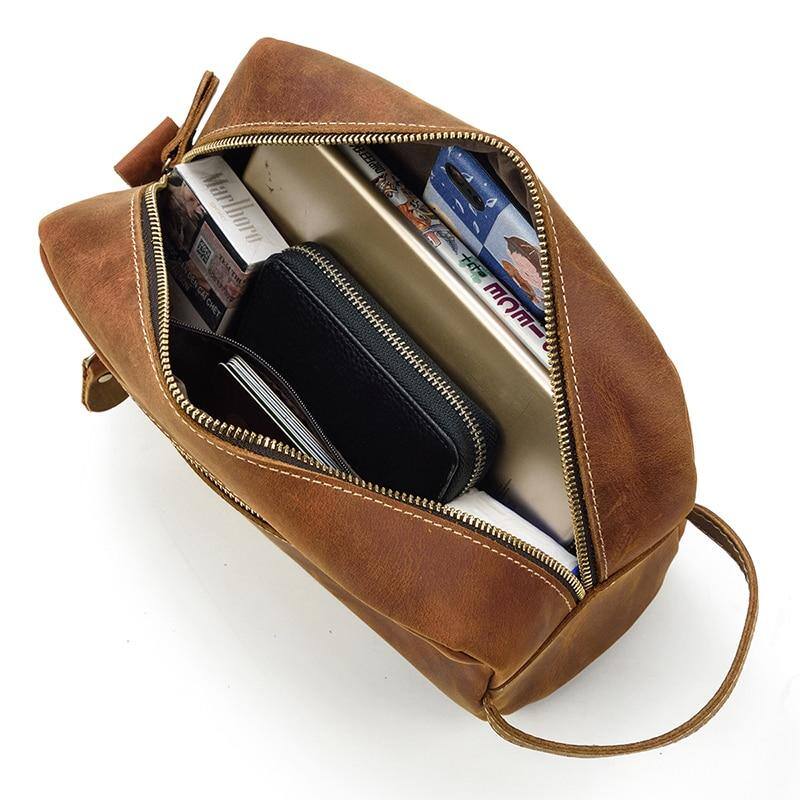 Alt View 3. Steel Horse Leather - The Wanderer Toiletry Bag | Genuine Leather Toiletry Bag - Brown.