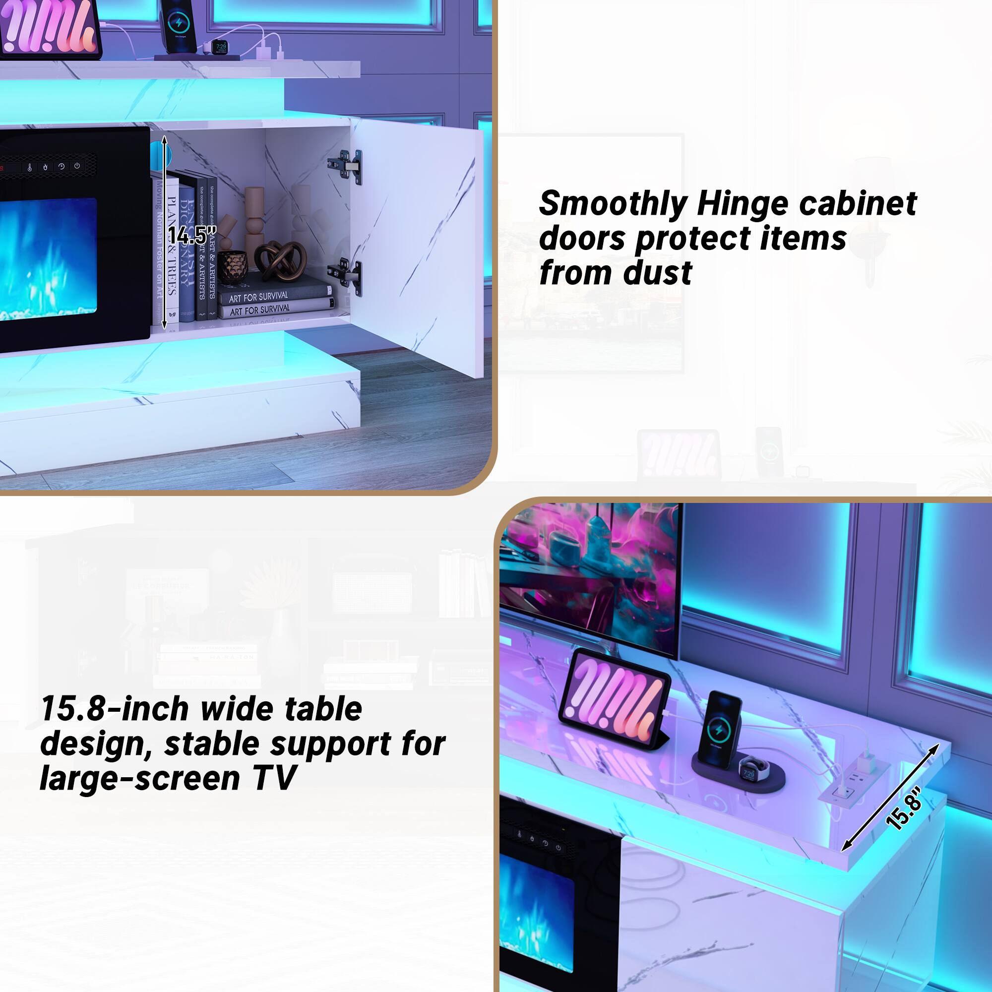 Smoothly Hinge cabinet doors protect items from dust

15.8-inch wide table design, stable support for large-screen TV