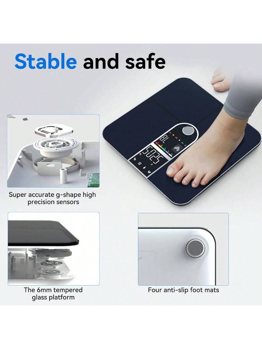 Stable and safe

- Super accurate g-shape high precision sensors
- The 6mm tempered glass platform
- Four anti-slip foot mats