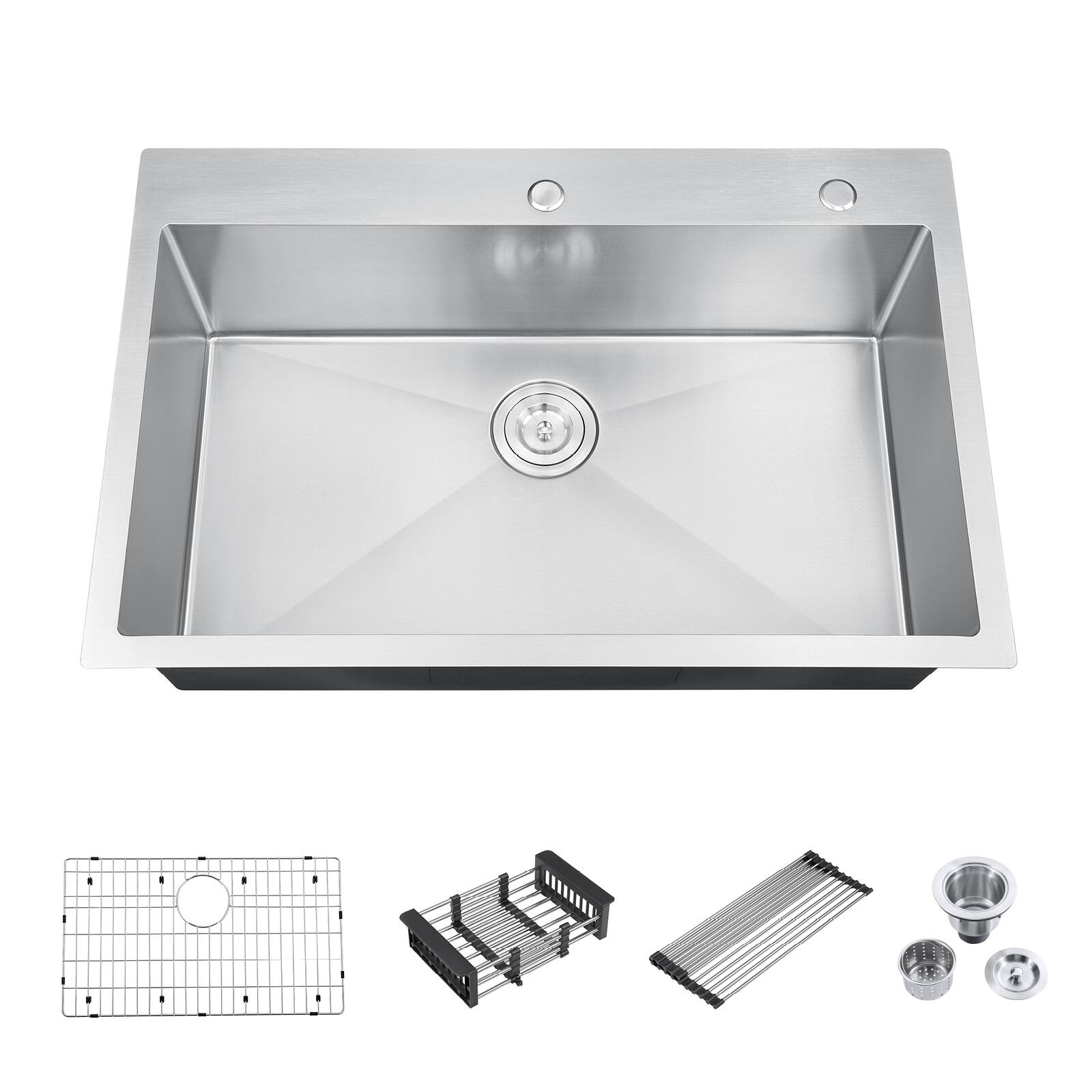 Alt View 8. Akicon - Akicon 33 in. Drop-in Single Bowl 20-Gauge Silver Nano-Coated Kitchen Sink with Grid, Strainer, Colander and Rollup Rack - Silver.