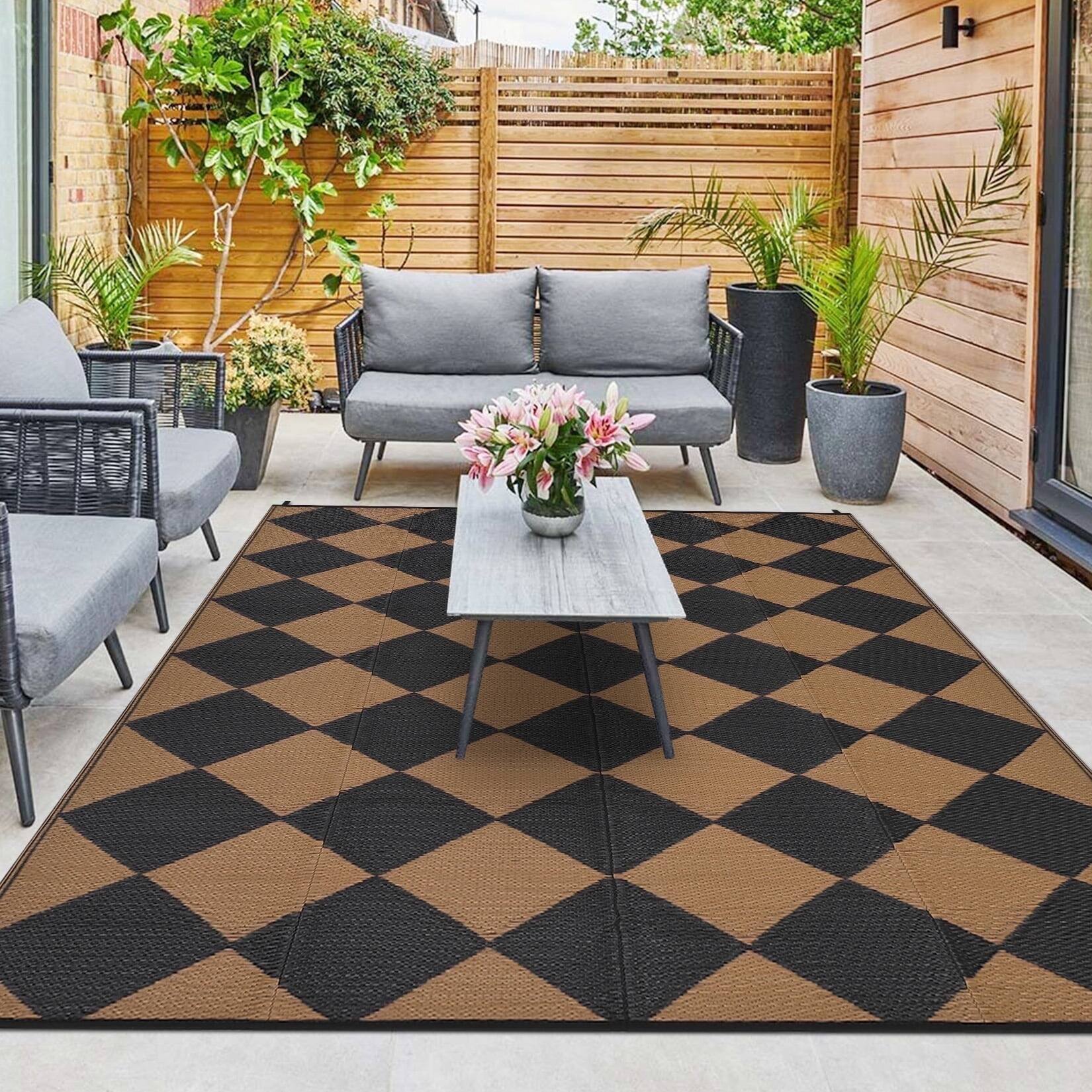 Front. Homhougo - 9x18 Waterproof Outdoor Rug, Modern Geometric Patio Carpet, Black and Brown - Black & Brown.