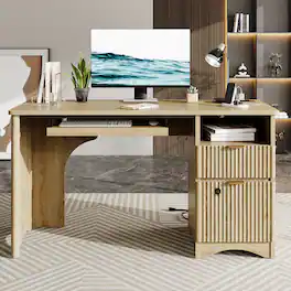 Bestier - 55 Inch Executive Desk with Fingerprint Lock & Built-in Power Outlet, Computer Desk with Drawers for Home Office Desk - Natual Oak