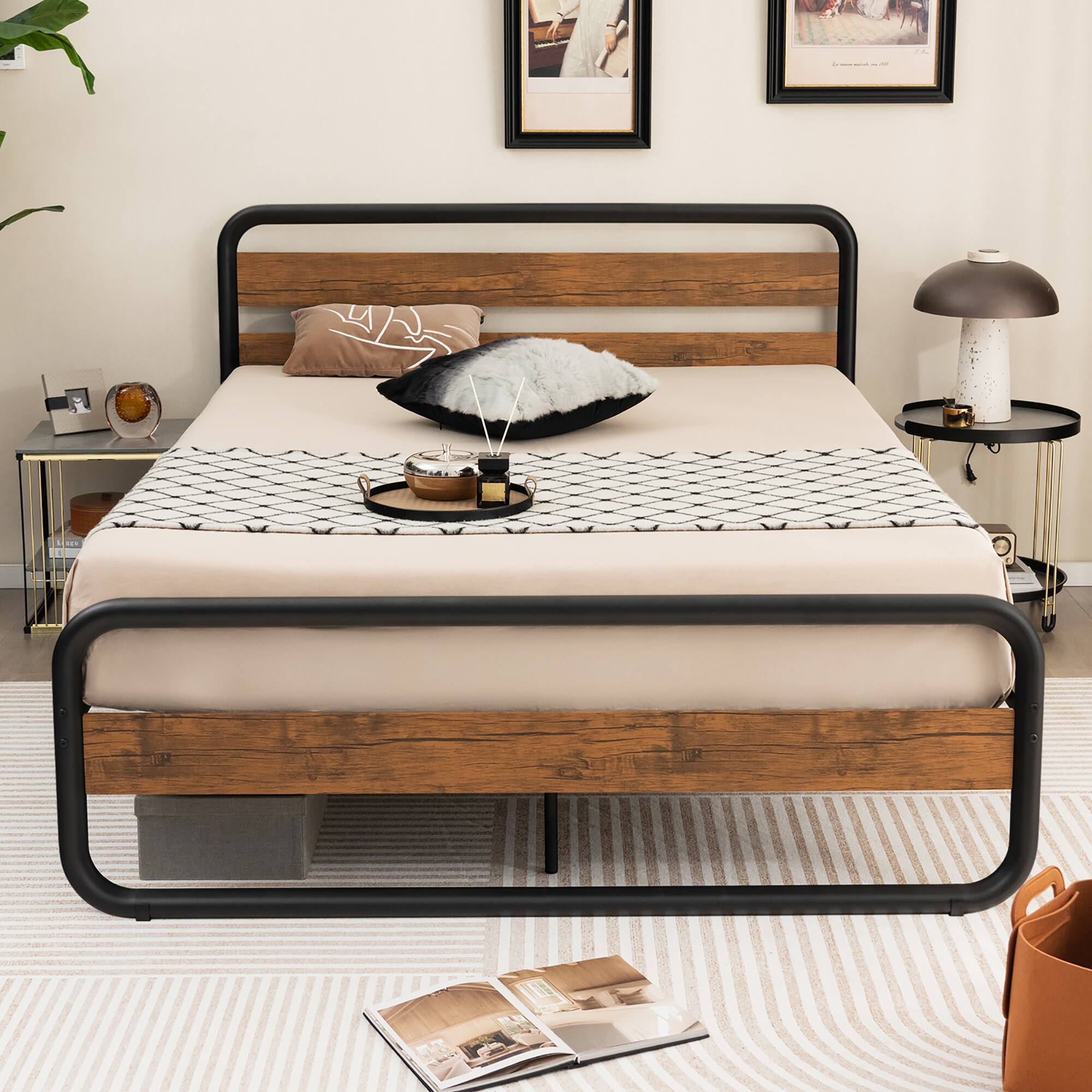 Alt View 3. Costway - Costway Queen Metal Bed Frame Arc Platform Headboard Footboard Mattress Foundation - Natural.