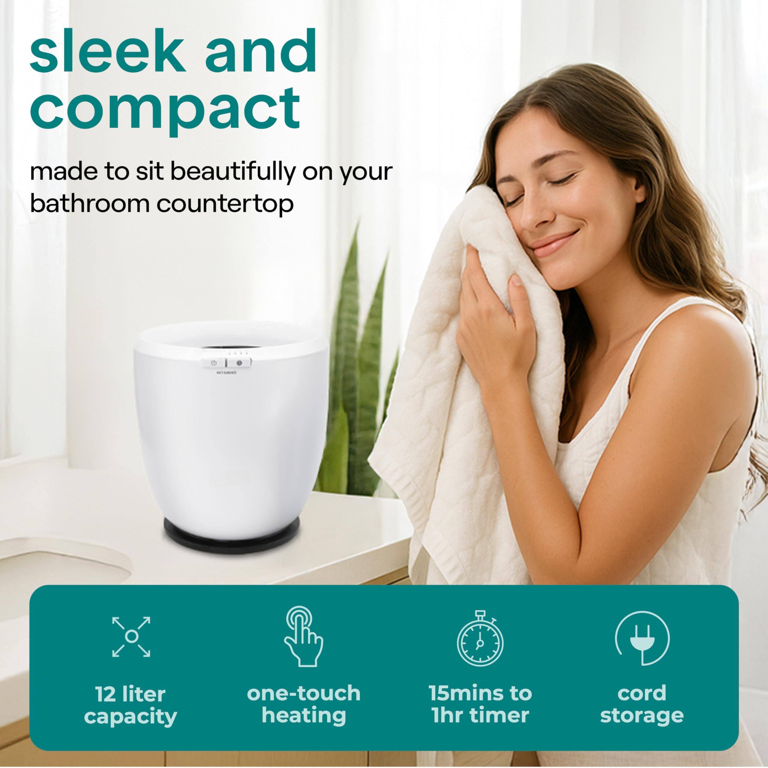 sleek and compact  
made to sit beautifully on your bathroom countertop  

12 liter capacity  
one-touch heating  
15mins to 1hr timer  
cord storage