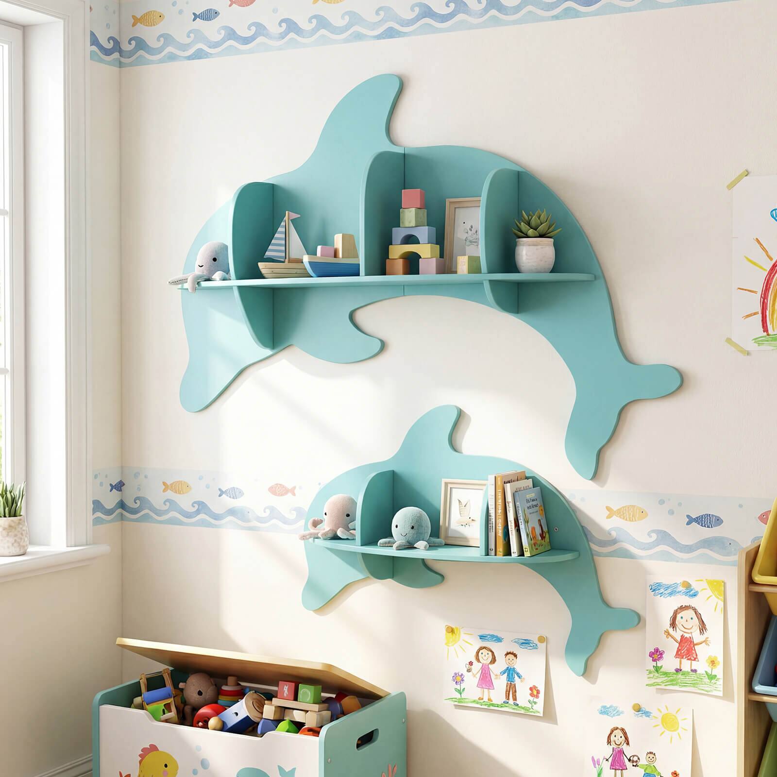 Alt View 4. Costway - Costway 2 PCS Floating Dolphin Shelves with Compartments Cute Corner Bookshelves for Nursery - Blue.