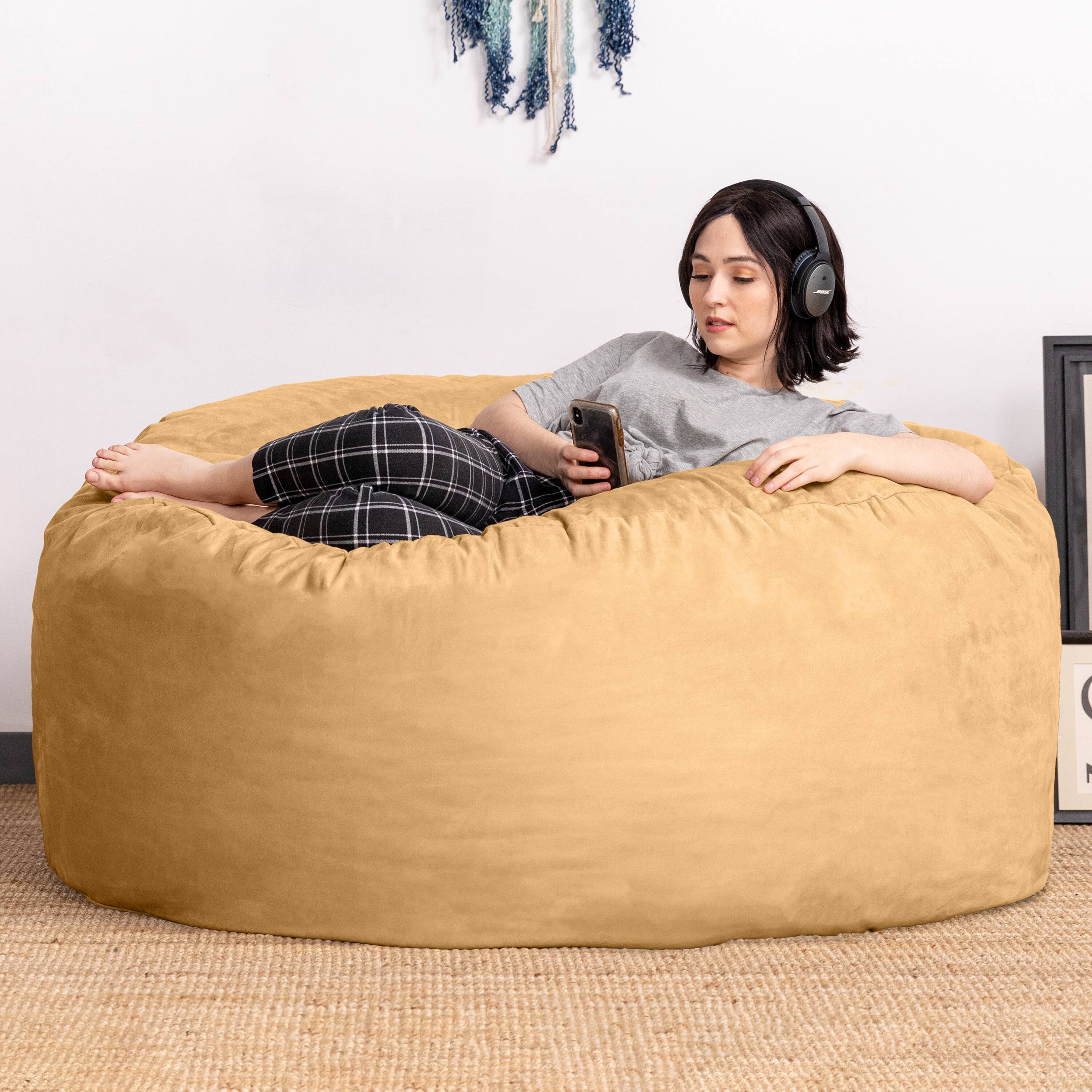 Left. Jaxx - Jaxx Basics 5 Foot Large Adult Bean Bag Chair, Oversized with Filler, Beige - Beige.