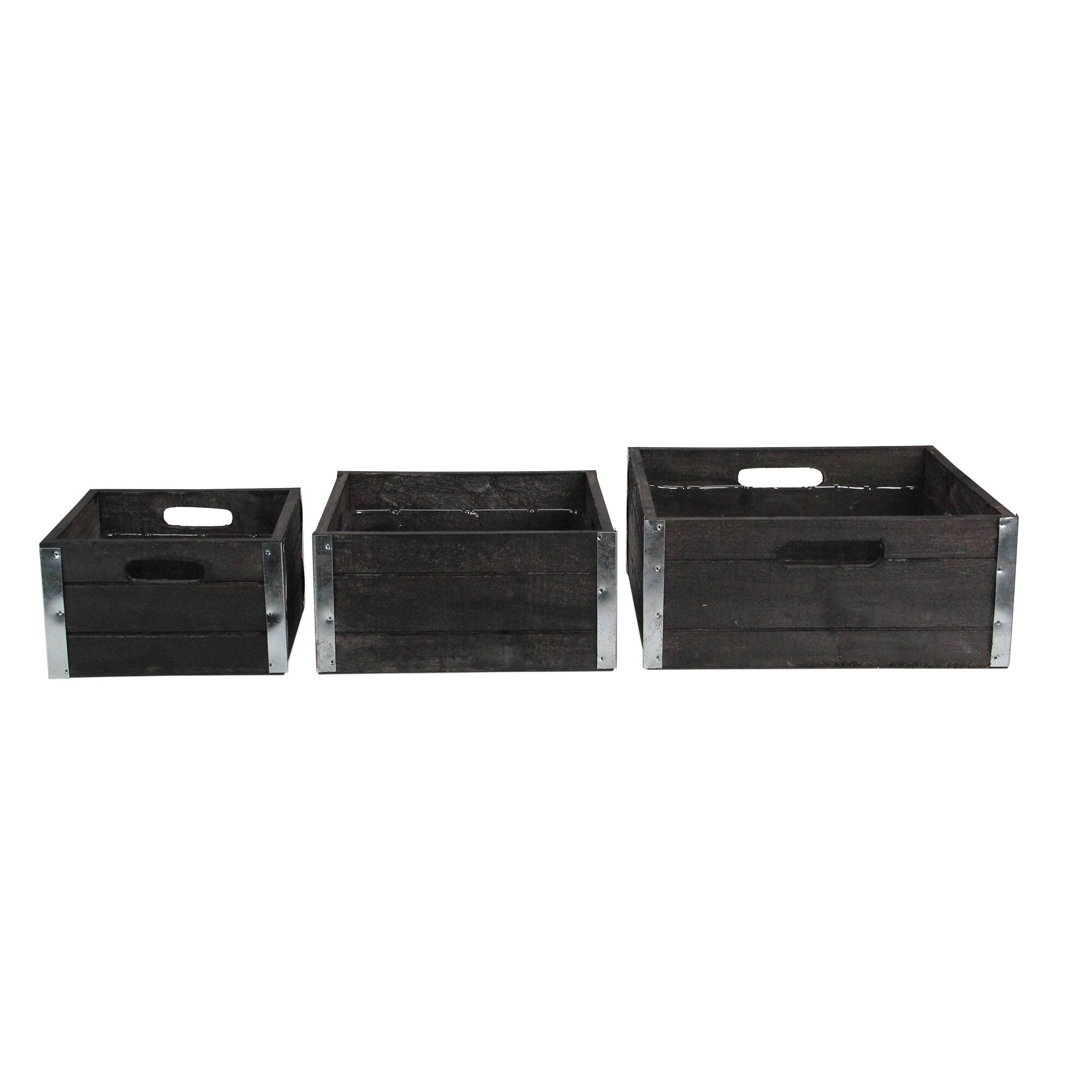 Alt View 1. GCI - Set of 3 Brown and Silver Solid Square Nesting Wood Crates 11" - Brown.