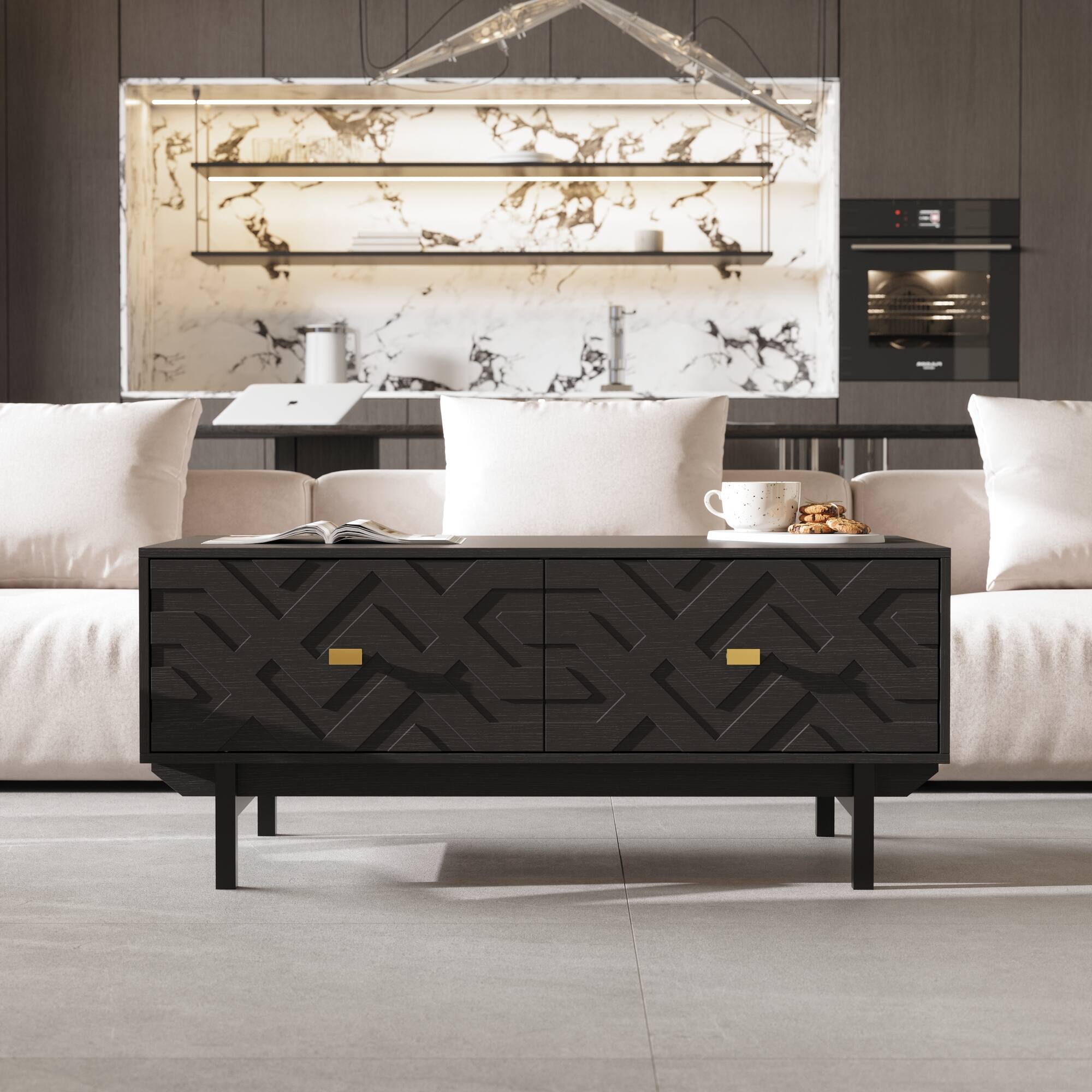 Left. FUFU&GAGA - Embossed Coffee Table with Dual Drawers and Artistic Carved Design for Living Room - Black.