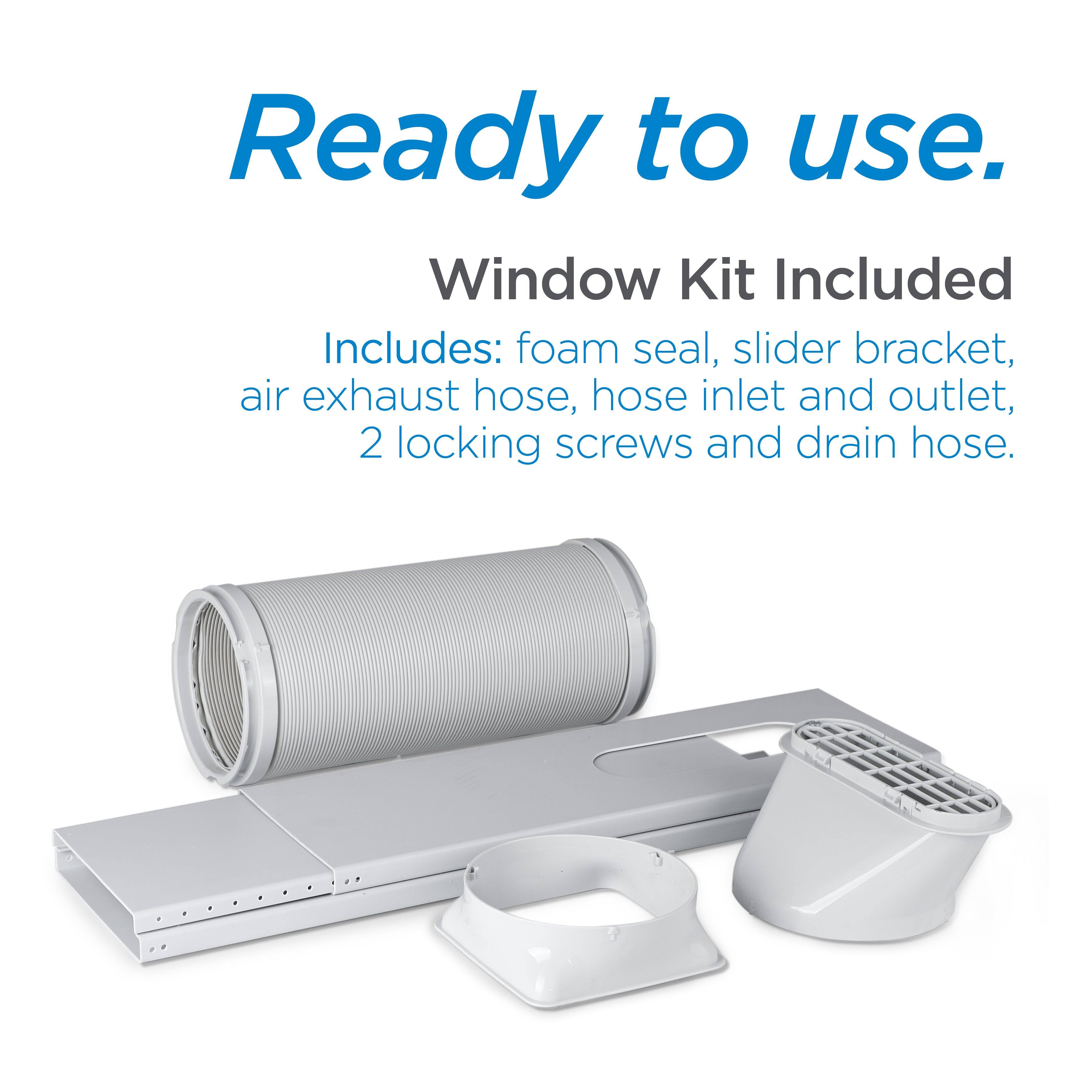 Ready to use. Window Kit Included: Foam seal, slider bracket, air exhaust hose, hose inlet and outlet, 2 locking screws, and drain hose.