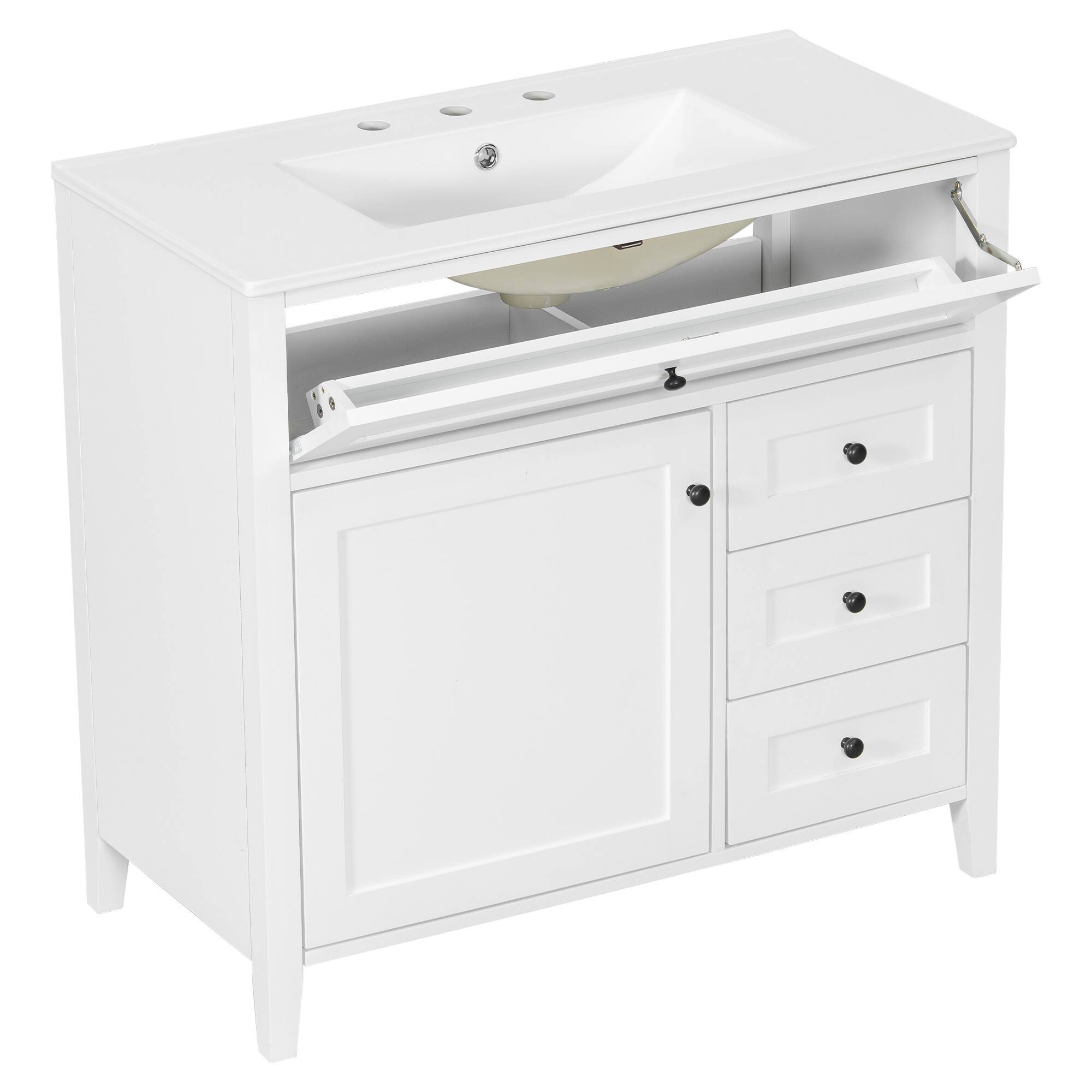 Left. Whisen - 36 Inch Bathroom Vanity with Ceramic Sink Combo Modern 3 Drawer 1 Door Storage Cabinet Freestanding - White.